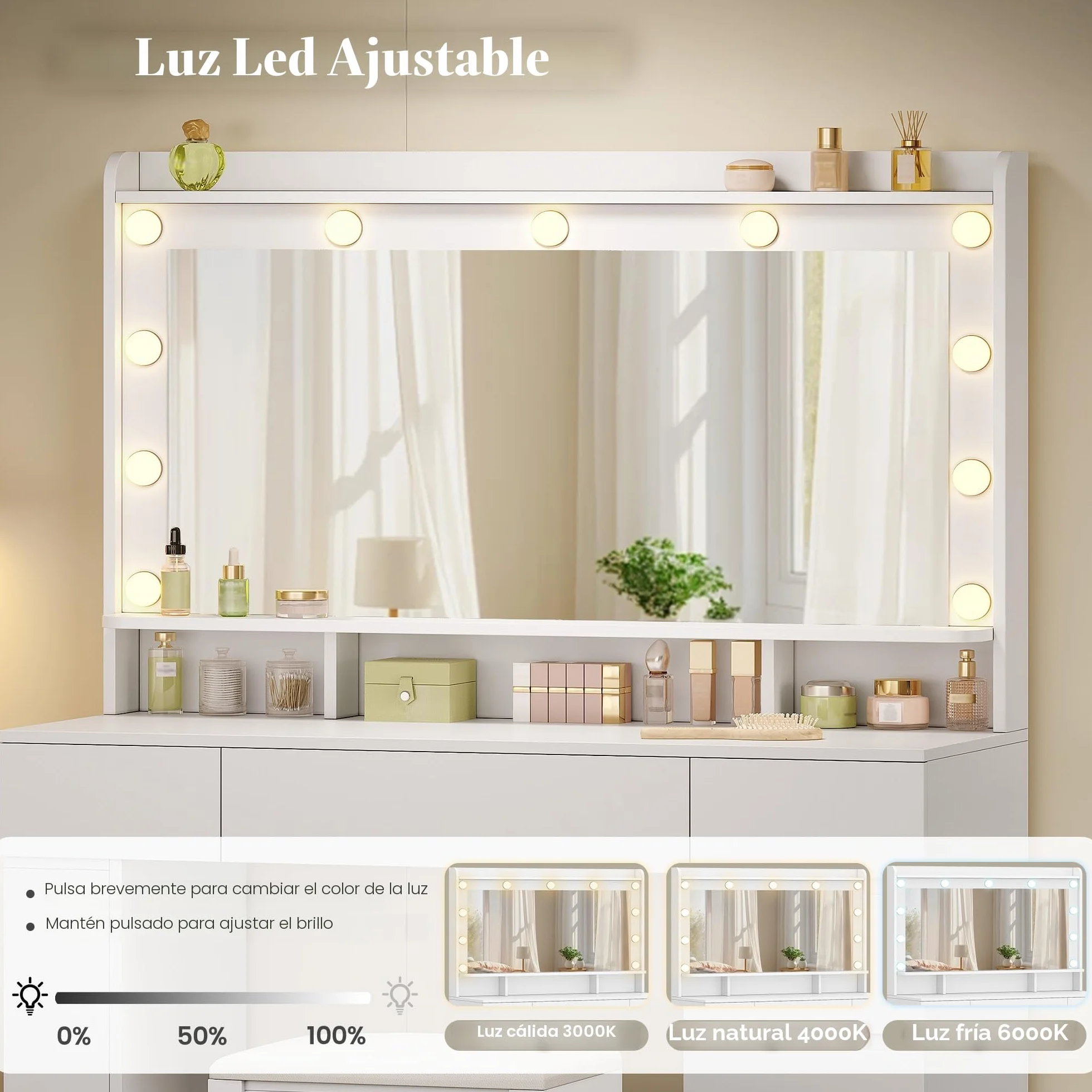 HEXCELEN 108 cm Tocador con Espejo Grande, Tocador de Maquillaje con Luz LED, Mesa de Maquillaje con 6 Cajones y Compartimento de Almacenamiento Lateral Abierto, Blanco