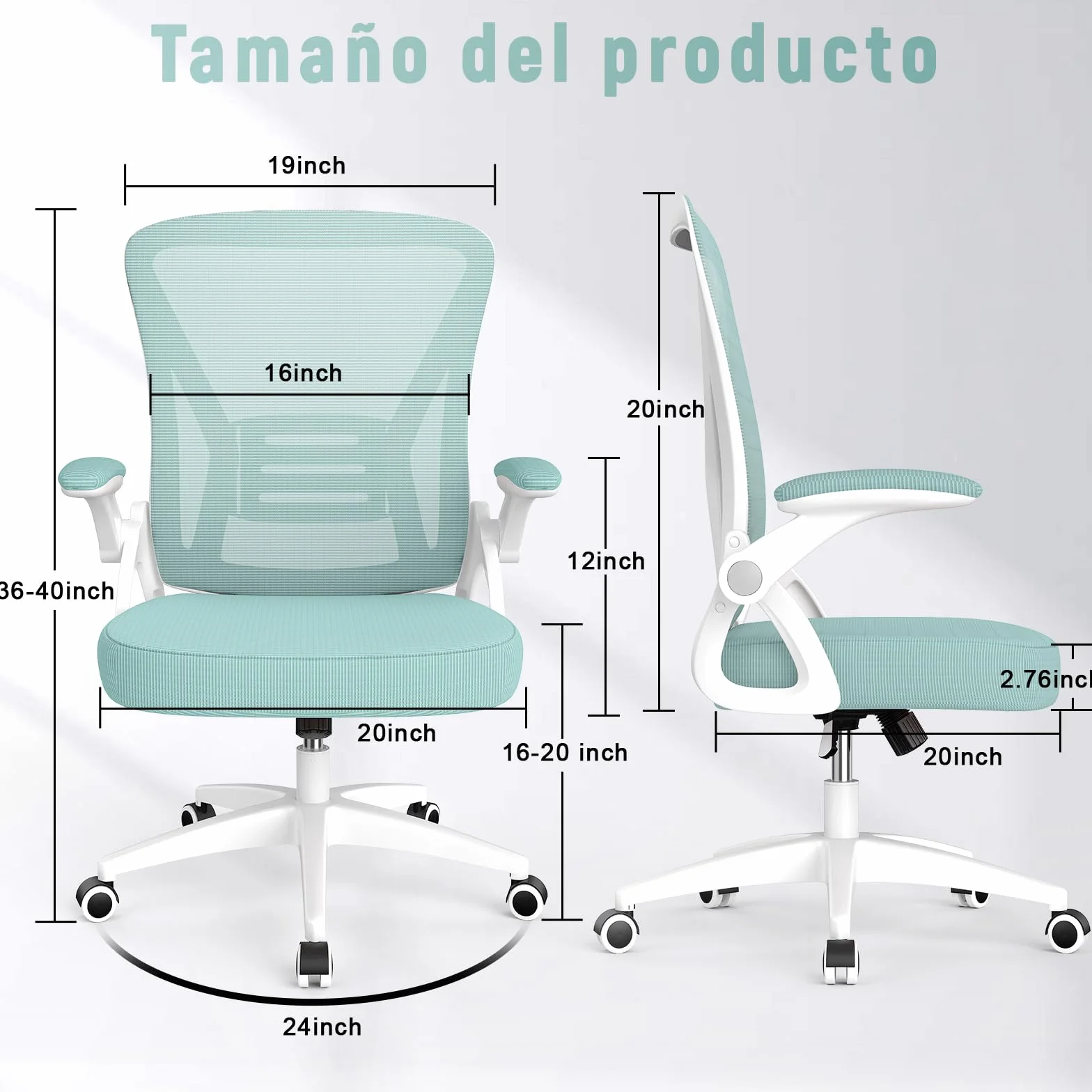 Rattantree Silla de Oficina Ergonómica con Reposabrazos Plegables, Altura Ajustable, Soporte Lumbar, Giratoria, Verde
