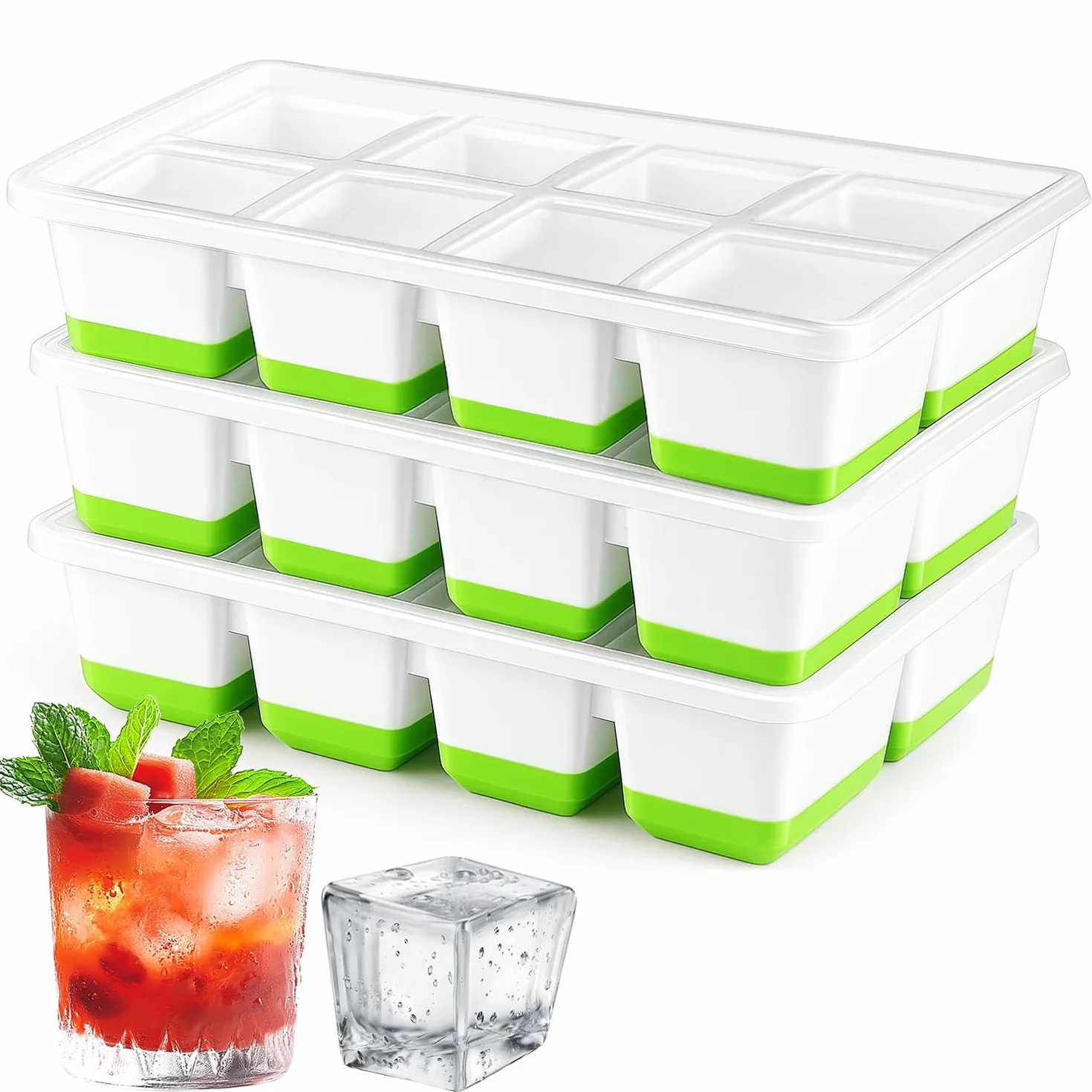 Cubiteras para Hielo Grande Alinana Juego de 3 Cubitera Silicona con Tapa Grandes Apilables Sin BPA Capacidad 24 Cubitos