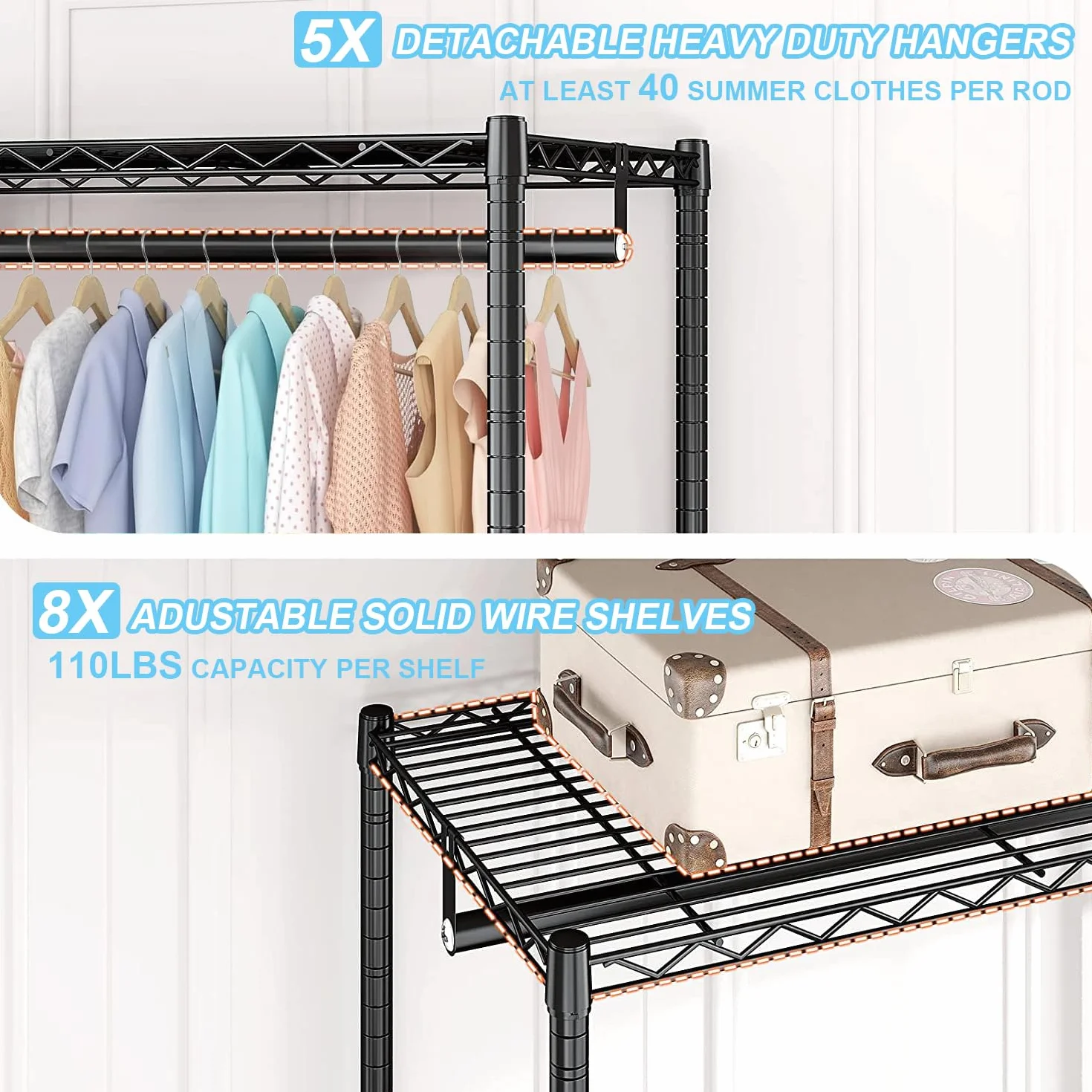 Armario Abierto para Dormitorio, Perchero Resistente de Gran Capacidad 380KG, Vestidor Modular con Estantes y Barras Ajustables, Organizador de Ropa y Almacenaje 45D x 187W x 195H CM, Negro