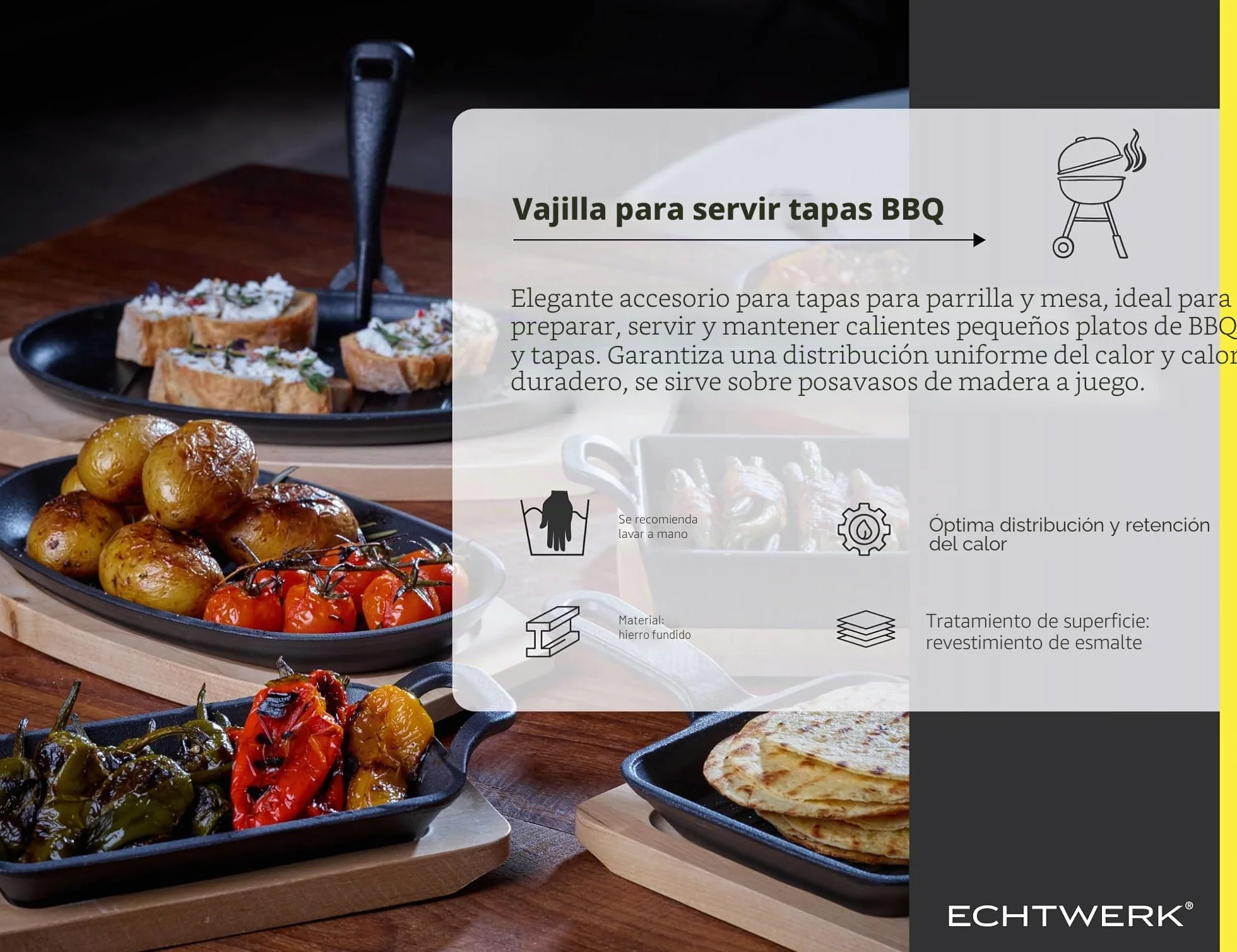 ECHTWERK Juego de 4 fuentes de hierro fundido, fuente de servir, cazuela con tabla de servir, sartén grill, ya cocida, apta para hornos, parrillas y barbacoas, ideal para servir, Gran edición