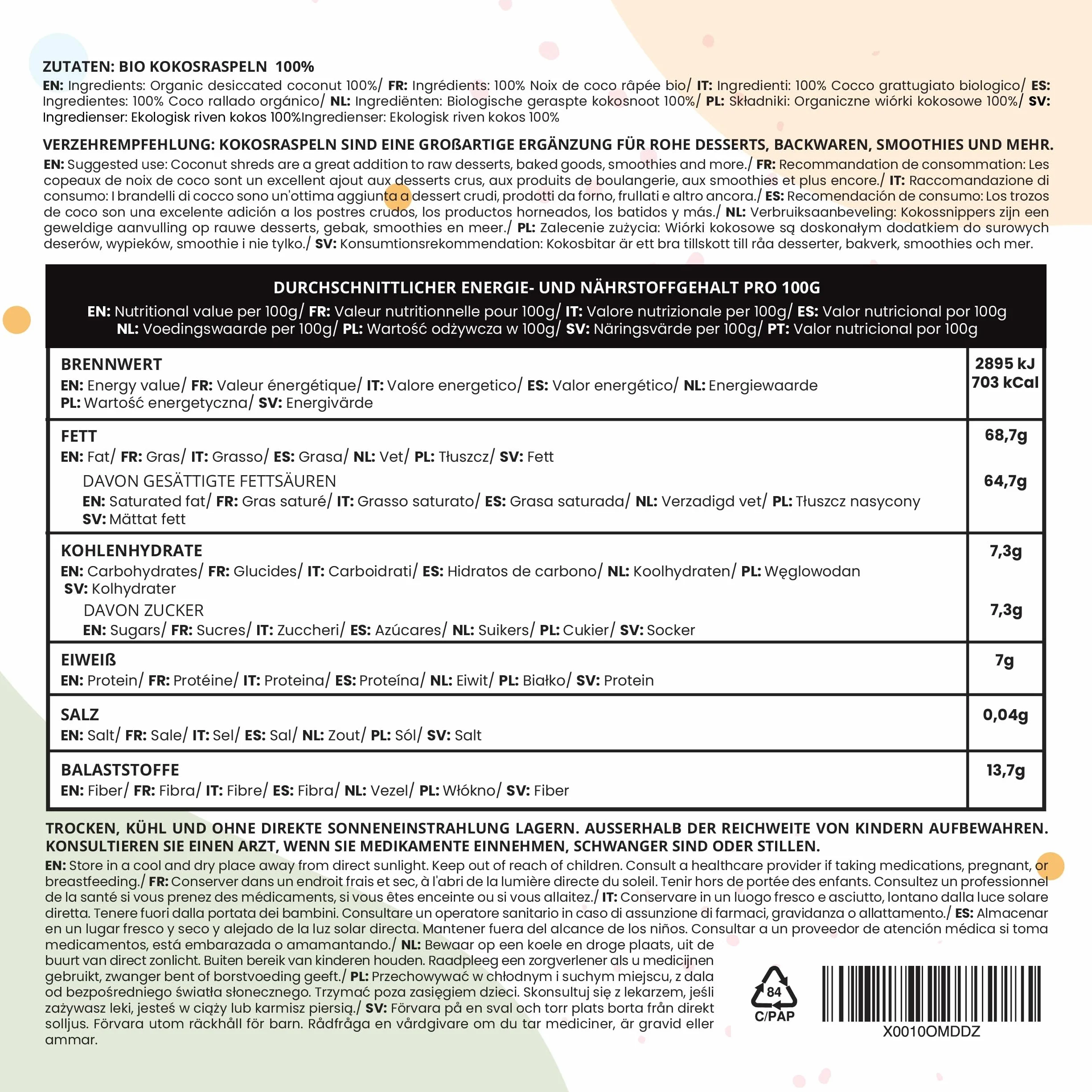 IDDA Herbal Coco Desecado Orgánico 1kg, Coco Crudo Rallado para Hornear y Cocinar