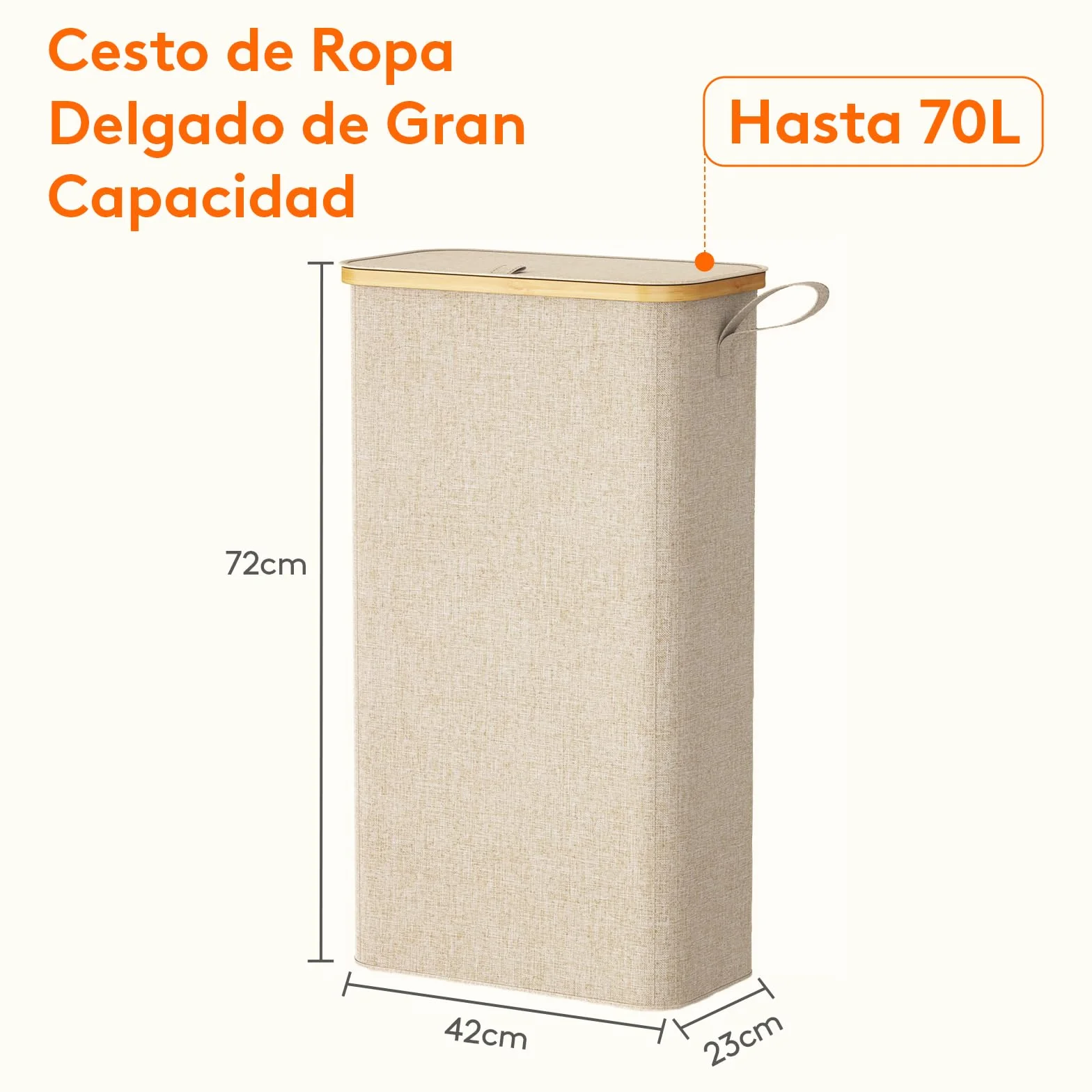 Lifewit Cesto Ropa Sucia Estrecho con Tapa, Cesto de Ropa Plegable con Bolsa Extraíble y Asa, Cesta Ropa Sucia de Bambú, Cubo de Ropa para Dormitorio, Baño, Lavandería, Dormitorio, 70 L, Beige