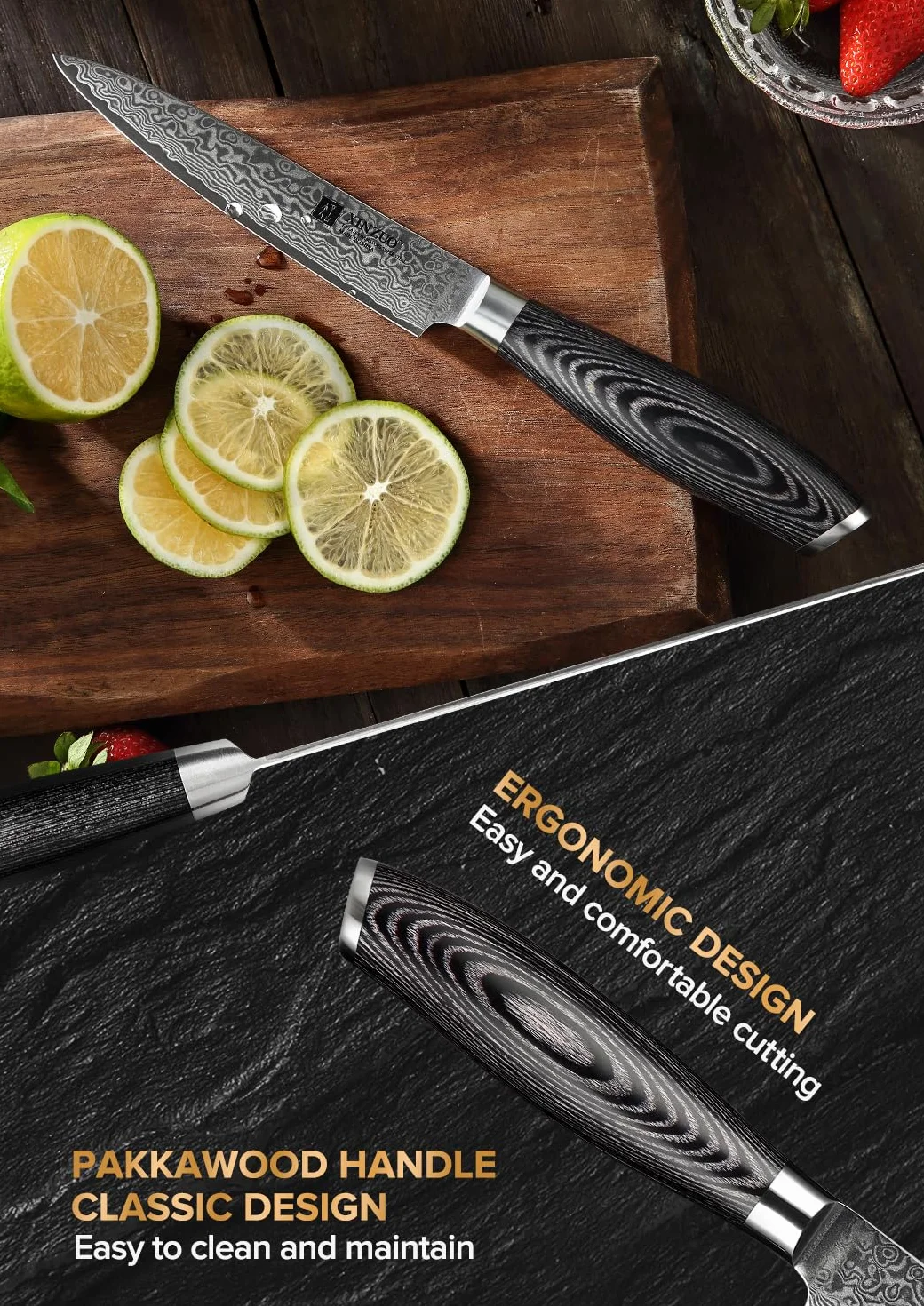 XINZUO Acero Damasco 7 Piezas Set Cuchillo profesional de chef Santoku con Bloque de Madera, Fileteador Universal Fruta,Tijeras de Cocina Multifuncionales con Mango de Pakkawood -Ya Serie