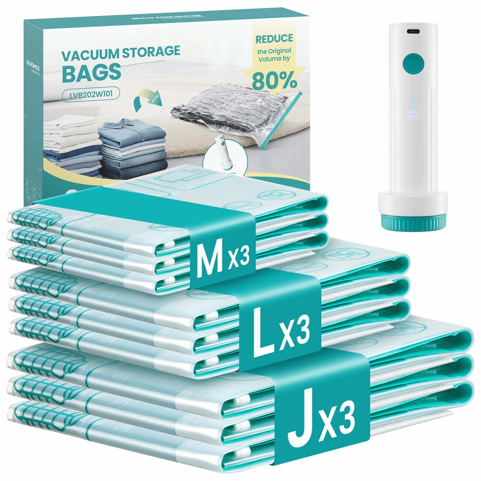 SONGMICS Bolsas de Vacío 9 Piezas con Bomba Eléctrica Recargable, Compactas y Reutilizables, 3M/3L/3J