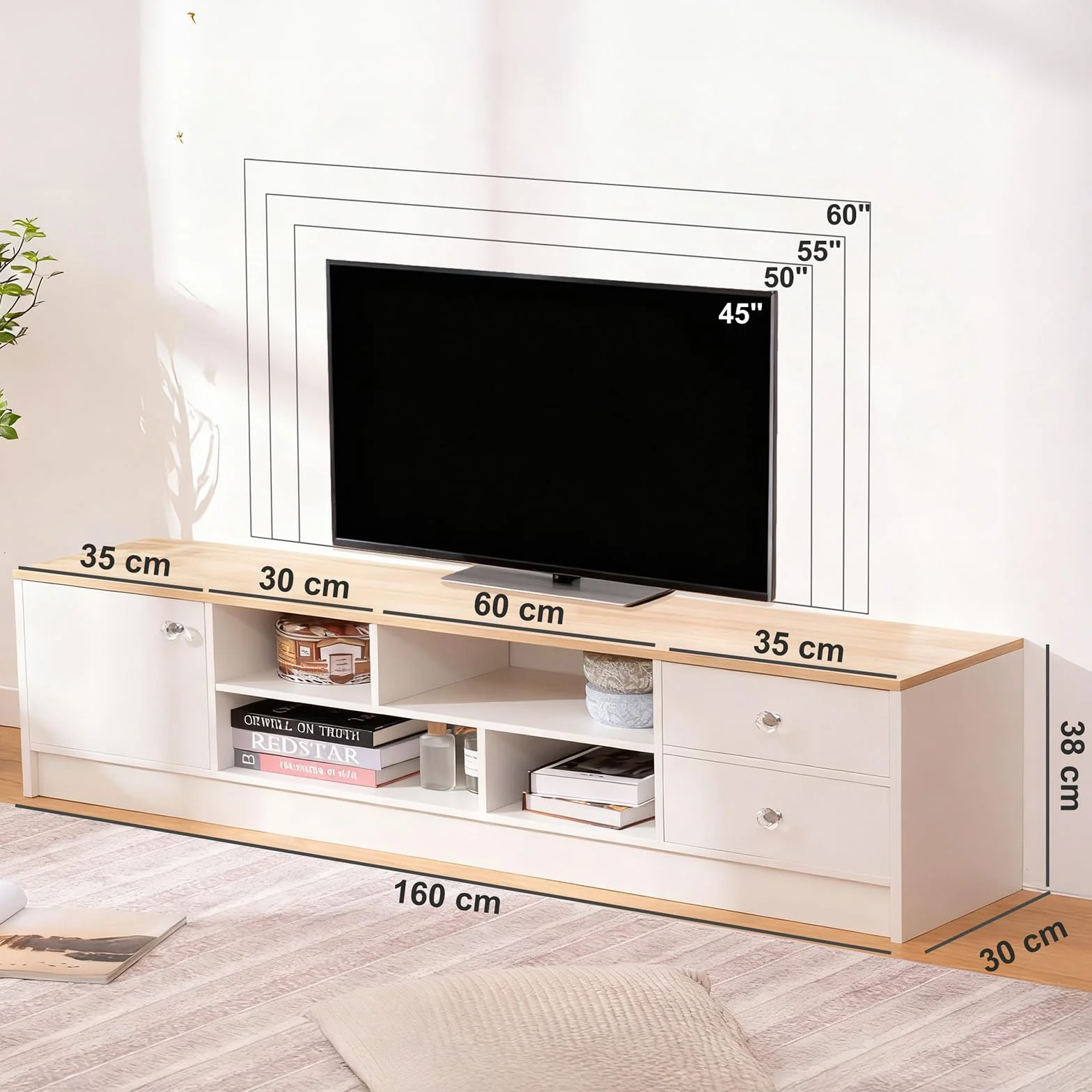 SHARPDO Mueble TV 160 cm Blanco y Madera, Mueble Bajo de Salón con 2 Cajones, 1 Puerta y 4 Compartimentos, Mesa TV Moderna para Salón y Dormitorio