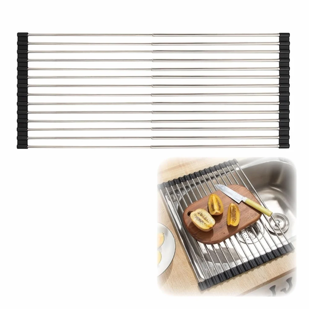 Escurridor de Platos telescópico Enrollable Resistente al Calor de 15 a 23,6 Pulgadas, Plegable y Antideslizante, de Acero Inoxidable.