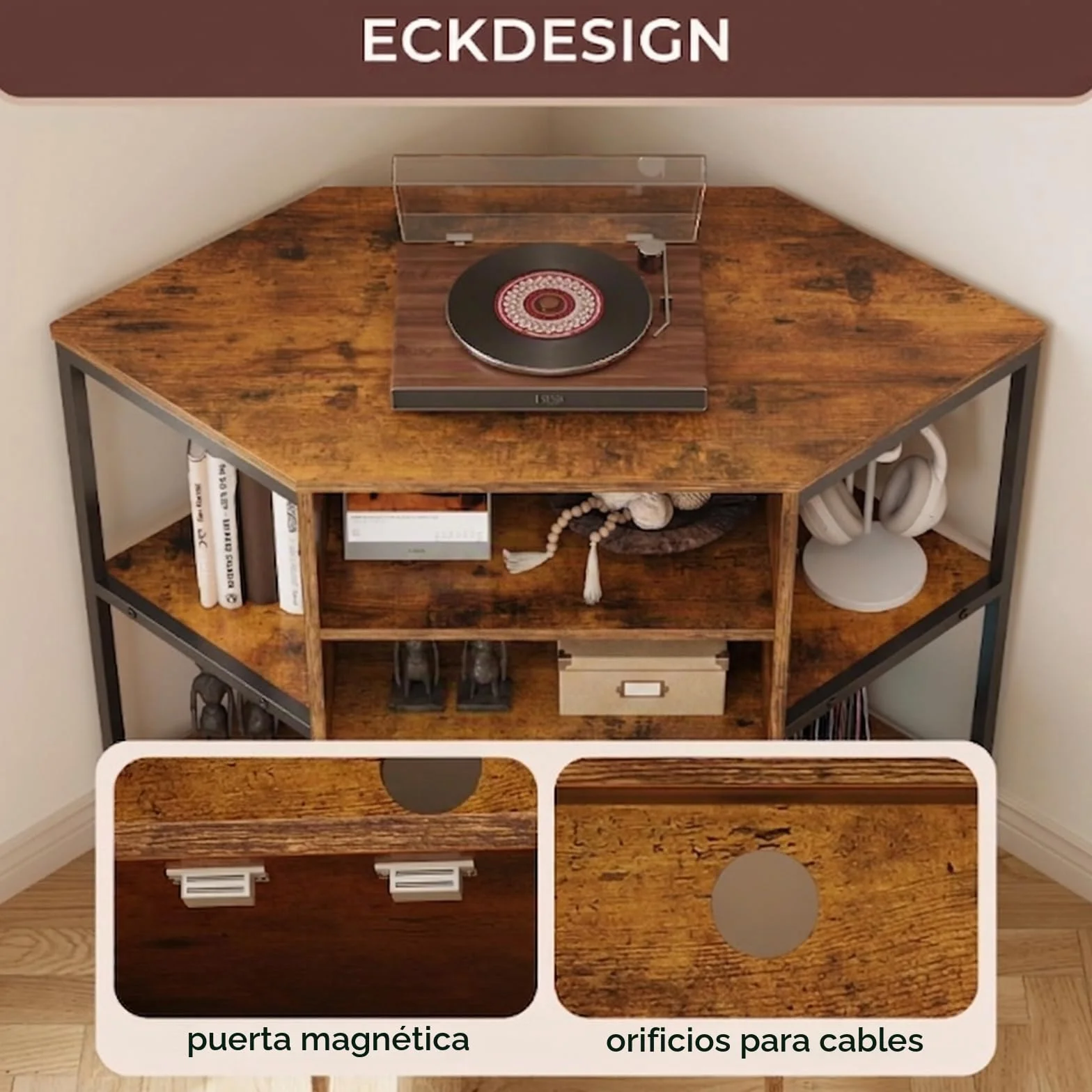 Dripex Mueble de esquina para TV con iluminación LED, para salón, diseño industrial, 105 x 50 x 79 cm, marrón vintage
