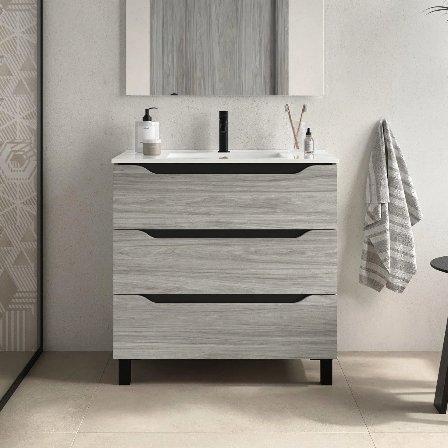 Trio Mueble de Baño con Lavabo 3 Cajones Color Roble Cambrian - Medida: 80 cm 80 cm
