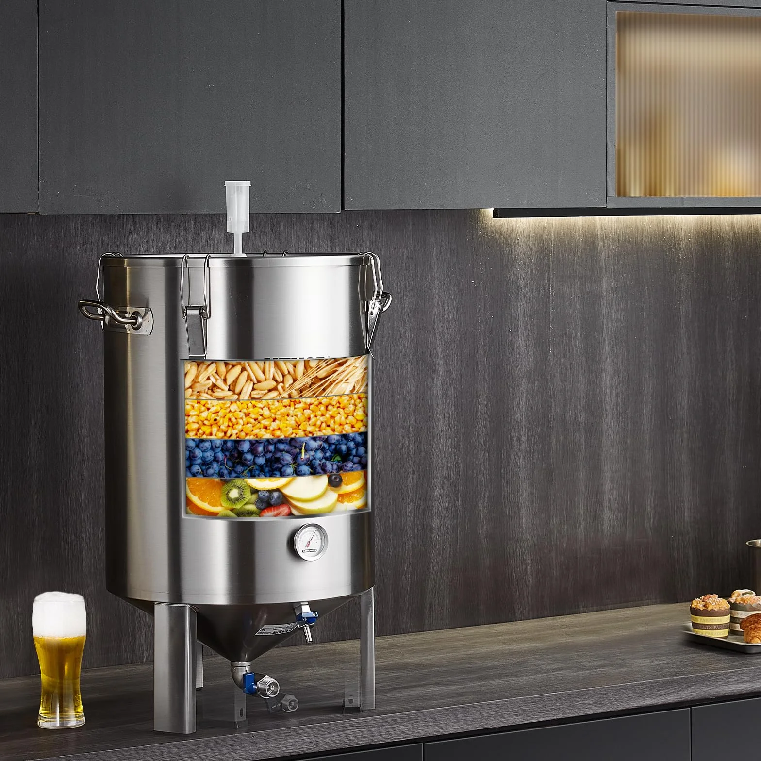 VEVOR Fermentador de Cerveza de 60L, Hervidor de Acero Inoxidable 304, Fermentador de Cubo de Cerveza para Elaboración de Cerveza, Suministros de Elaboración Casera con Base