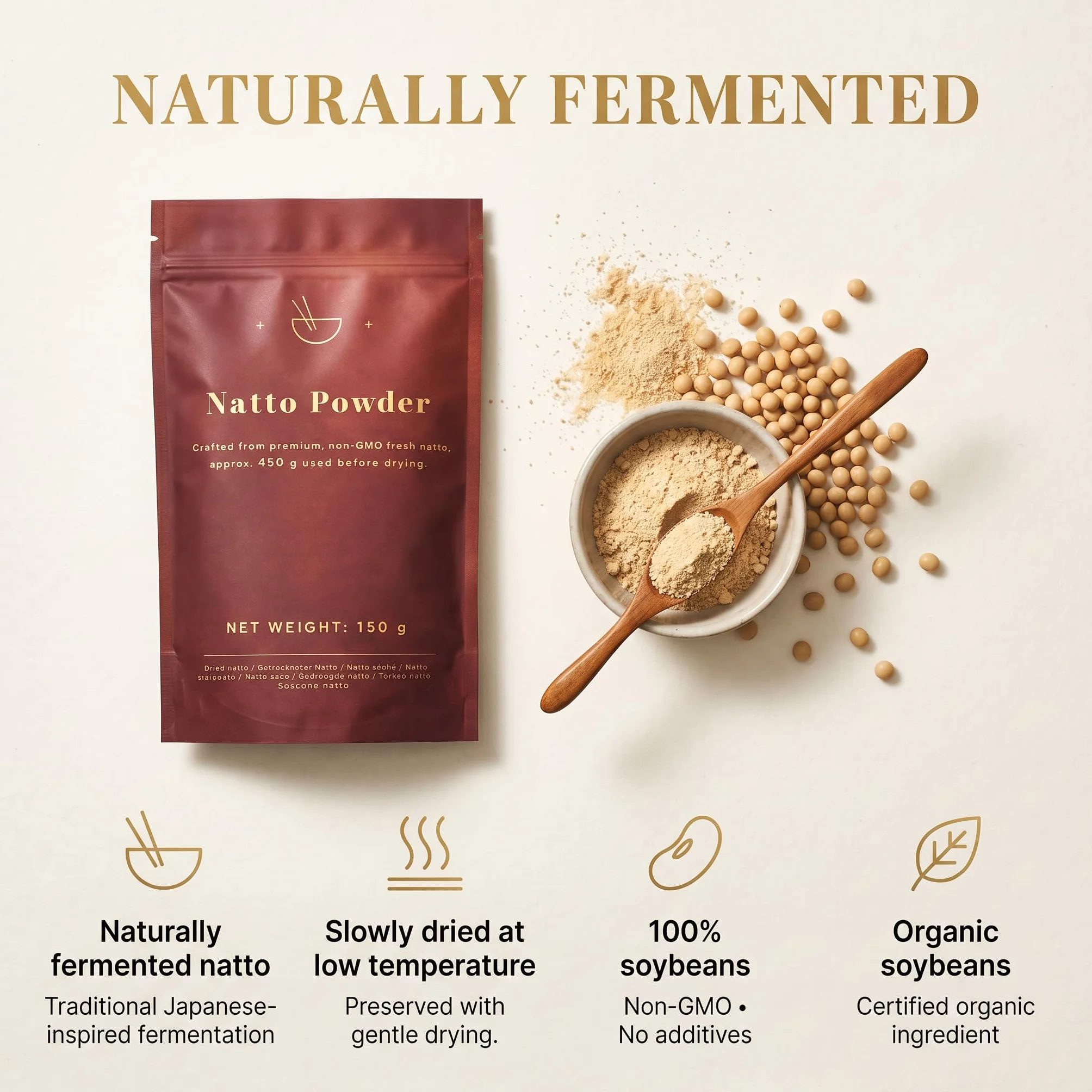 Natto en Polvo 150 g Rico en Vitamina K2 Soja Fermentada