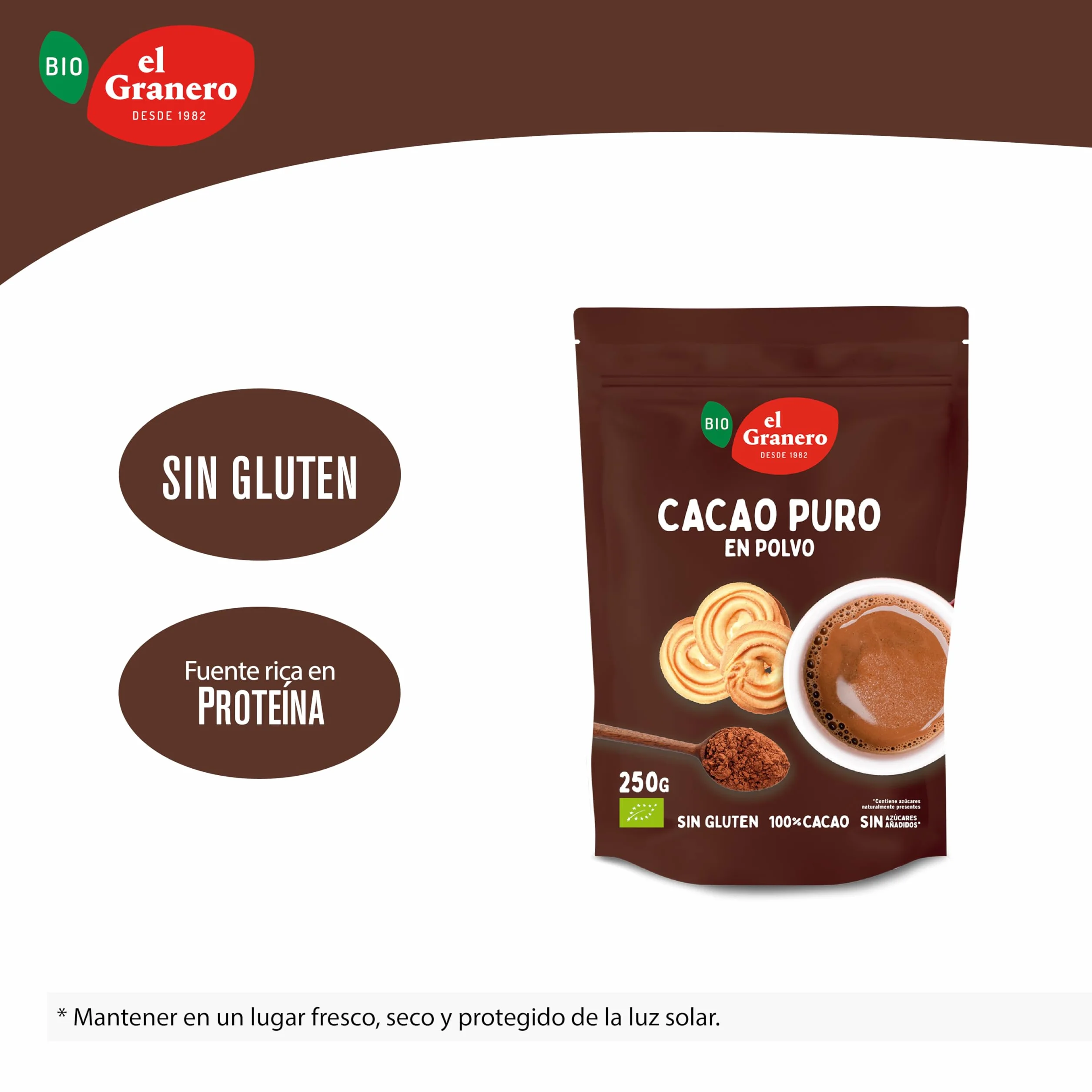 Cacao en Polvo BIO 250 g EL GRANERO INTEGRAL 100% Puro Sin Azúcar Añadido Apto Veganos