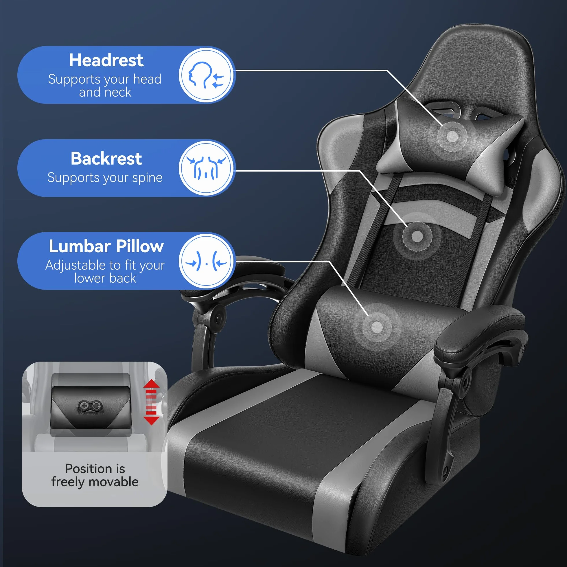 OneGame Silla Gaming, Silla ergonómica Gaming con Respaldo Ajustable Respaldo Alto Silla Gaming rotación 360º para Trabajar y Jugar, Negro Gris