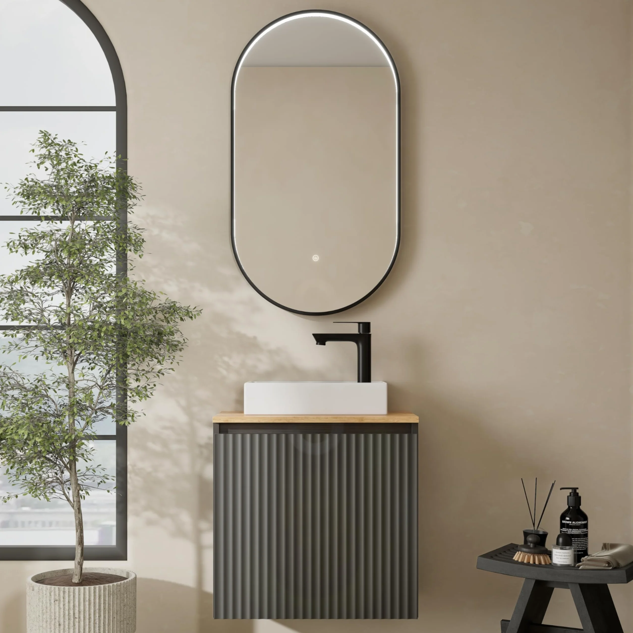 Planetmöbel Conjunto de muebles de baño Lavabo con mueble bajo 56 x 55 x 30 cm Antracita y roble dorado, espejo de baño con iluminación, 50 x 90 cm, espejo con marco, ovalado, 3 niveles de iluminación