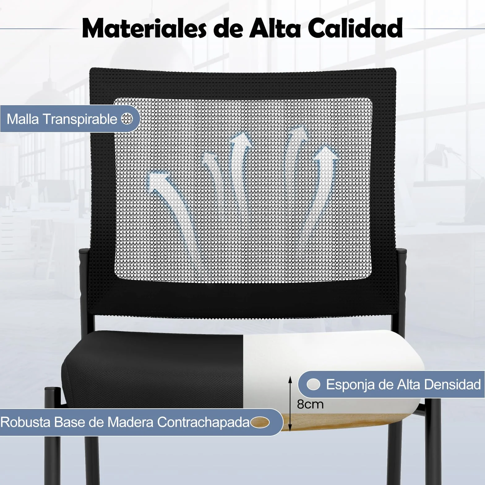 COSTWAY 2 Sillas Sala de Espera sin Brazos, Respaldo de Malla y Asiento Acolchado, Sillas Confidente con Ruedas, Silla Oficina, Carga 125kg, Negro