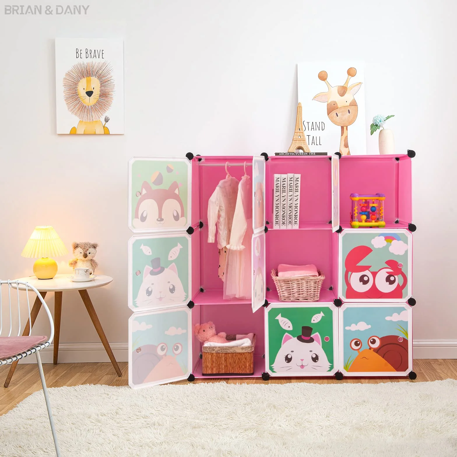 Armario Modular Infantil BRIAN & DANY con Dibujos Animados, Estantería Portátil, Rosada, 110x47x110 cm