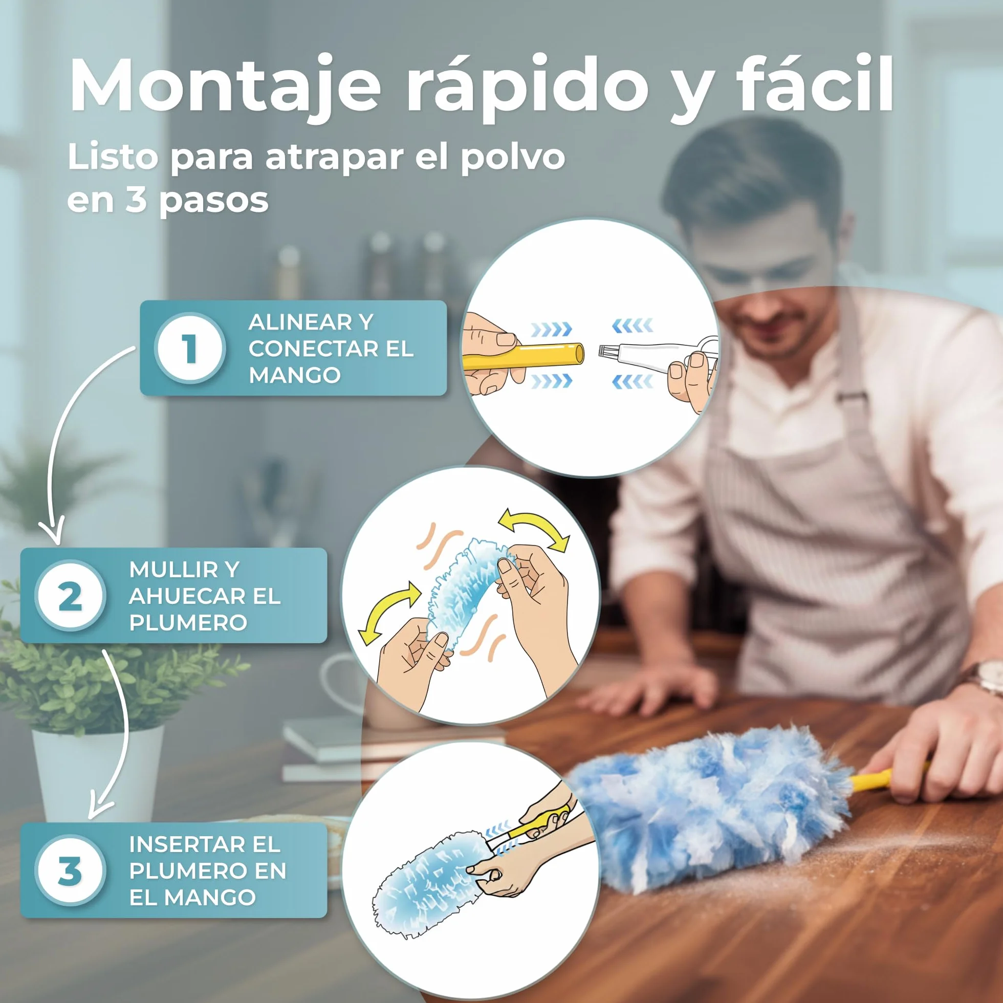 PORTENTUM Plumero Atrapapolvo, Set de 26 Recambios y 1 Mango - Kit de Limpieza Atrapa y Retiene Polvo, Pelo de Mascotas y Alérgenos, Plumero Quitapolvo Multiusos para Muebles, Coche y Electrónica