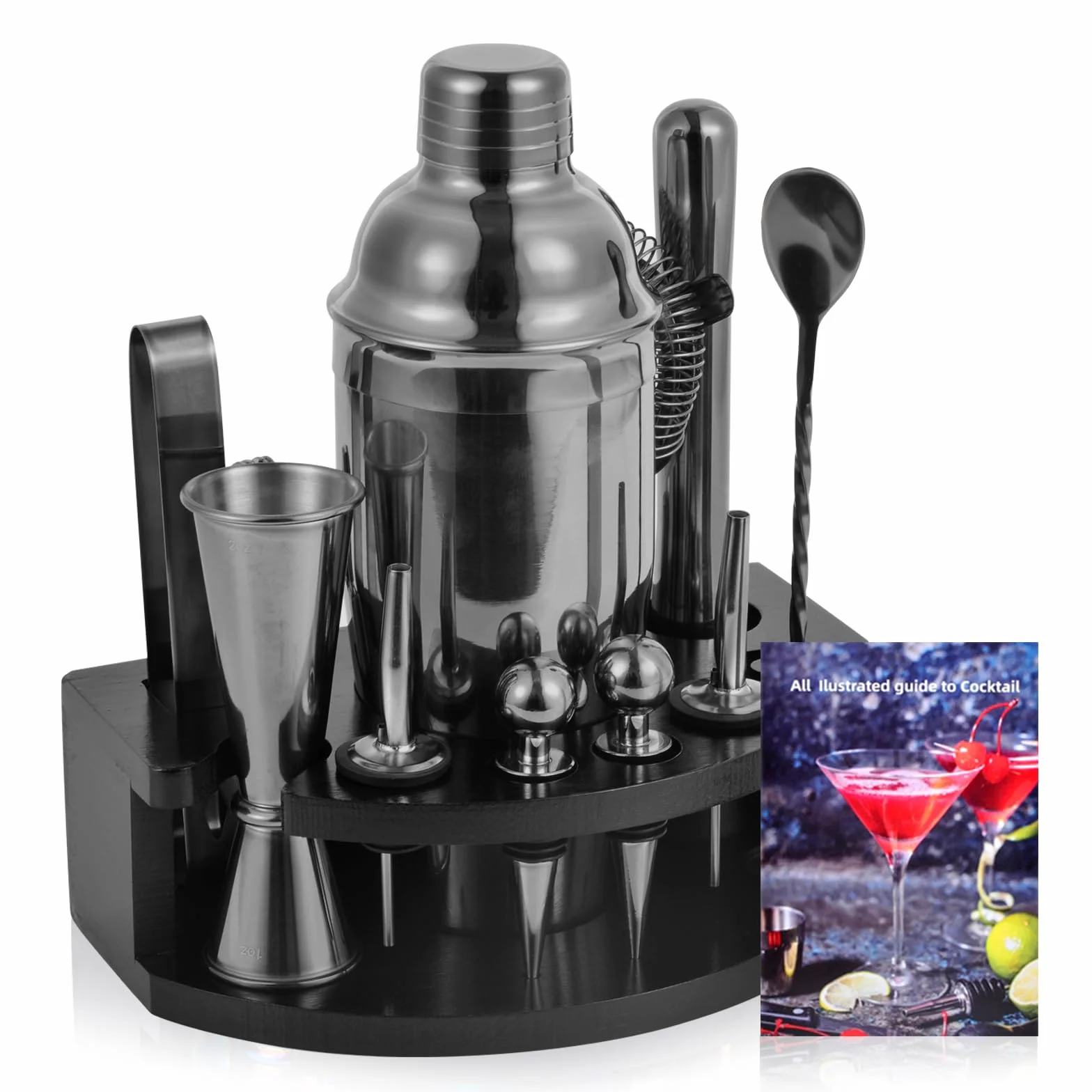 Safring Kit de barman con soporte, juego de bar de 12 piezas | Juego de coctelera de 24 onzas para mezclar bebidas, juego de coctelera de Martini con herramientas de bar, folleto de recetas |