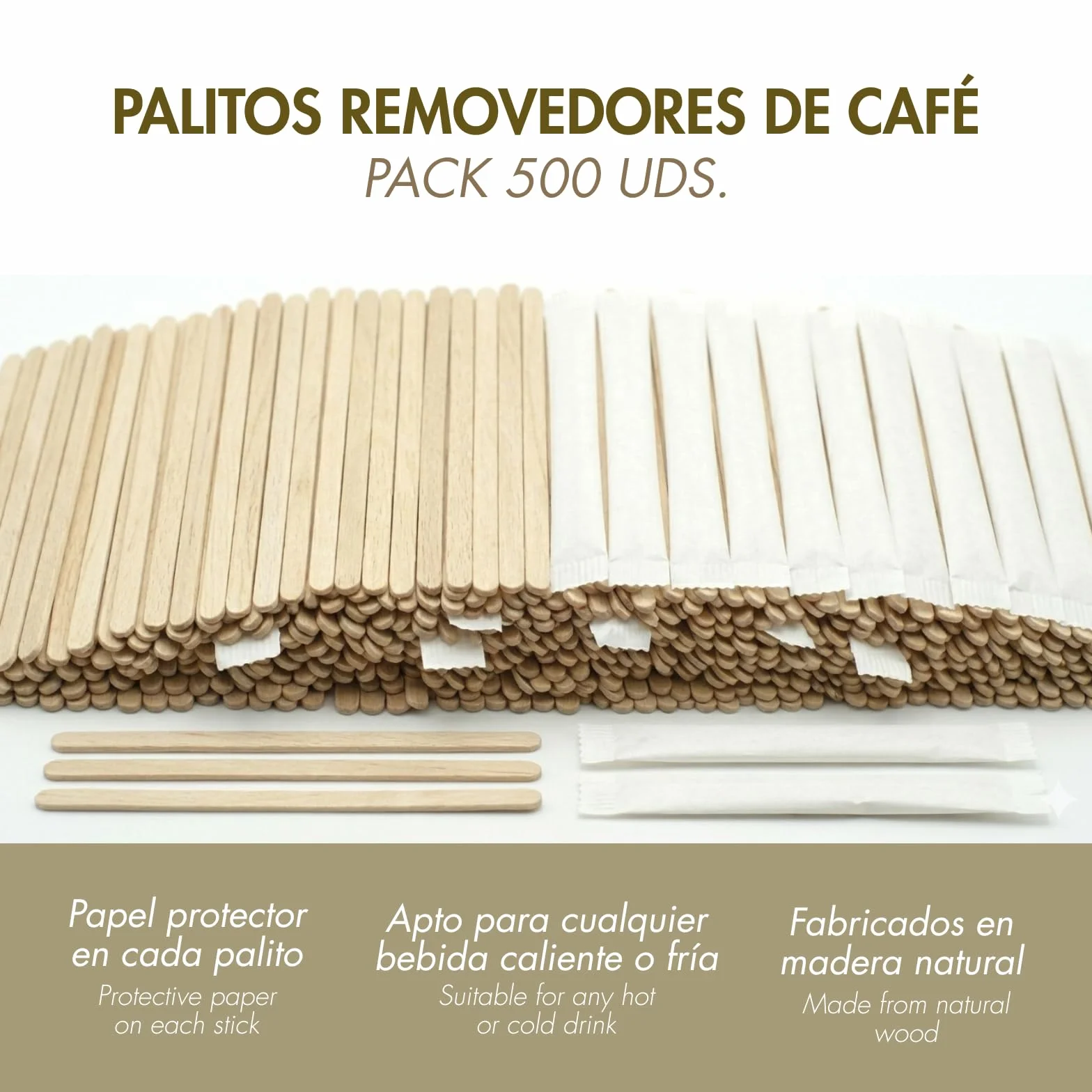 Dohe Horeca - Palitos de Madera Remover Café (500 uds.) - Tamaño 9 cm, Biodegradables y Reciclables, Higiénicos con Papel Protector, Batir Café, Té, Leche y Bebidas Calientes