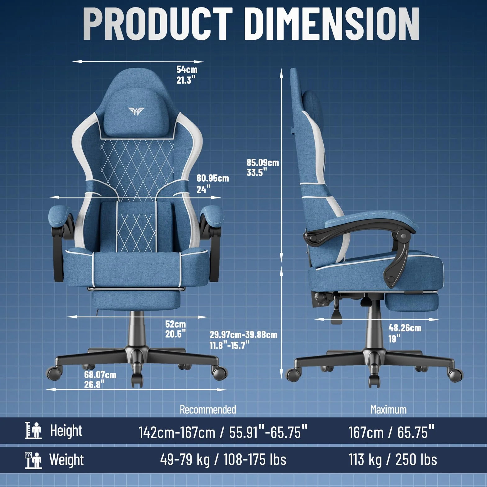 Huracan Silla Gaming con función masajeador, Silla Gamer Oficina con reposacabeza y Soporte Lumbar, sillón ergonómico Gaming con reposapiés, Respaldo Ajustable 90-160°, 150KG, algodón y Lino, Azul