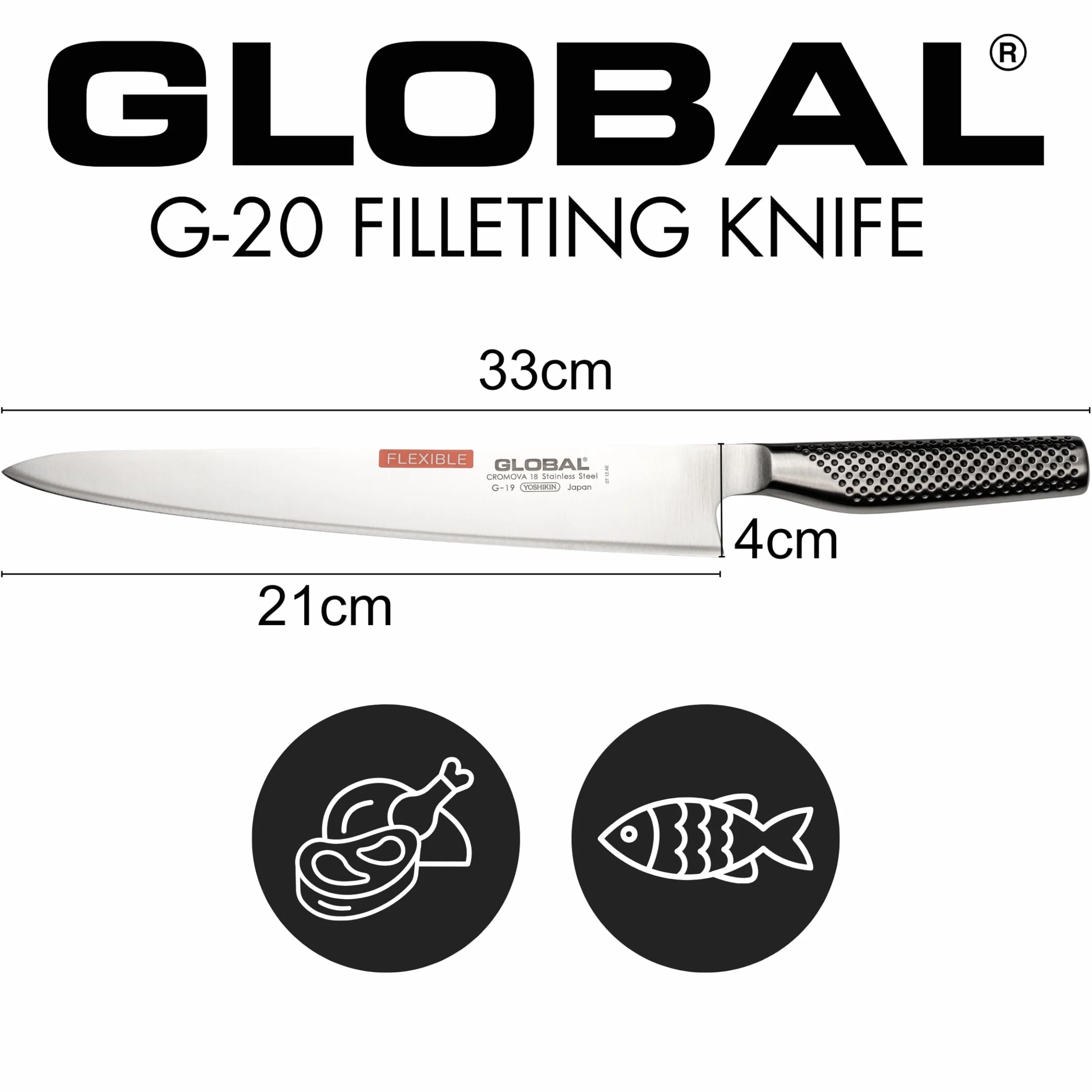 Global G-20 Cuchillo filetear 210 mm (8 cali) hoja