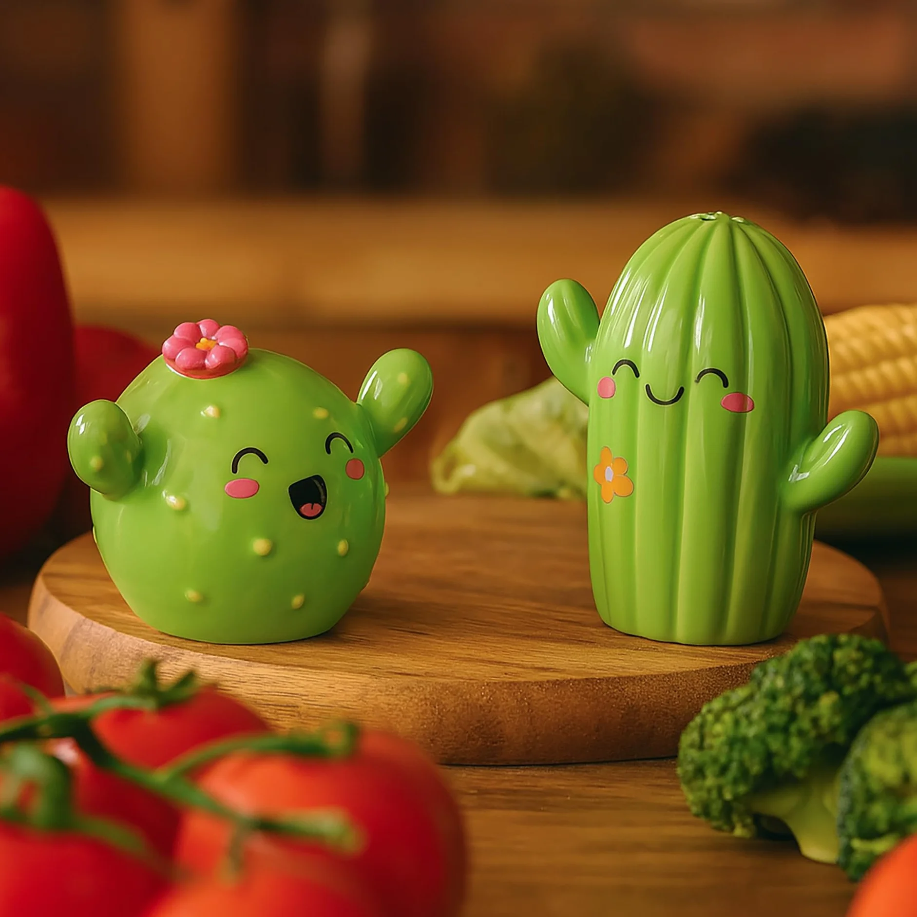 Legami - Set De Sal Y Pimienta De Cerámica, Tema Cactus, Decorados A Mano