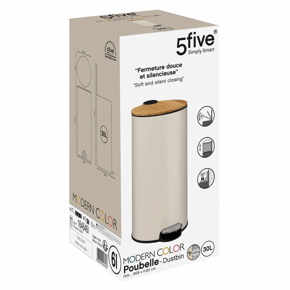 5five - Papelera con pedal de color beige - 30 L - Tapa de bambú, cubo extraíble - Para el hogar y el lavadero