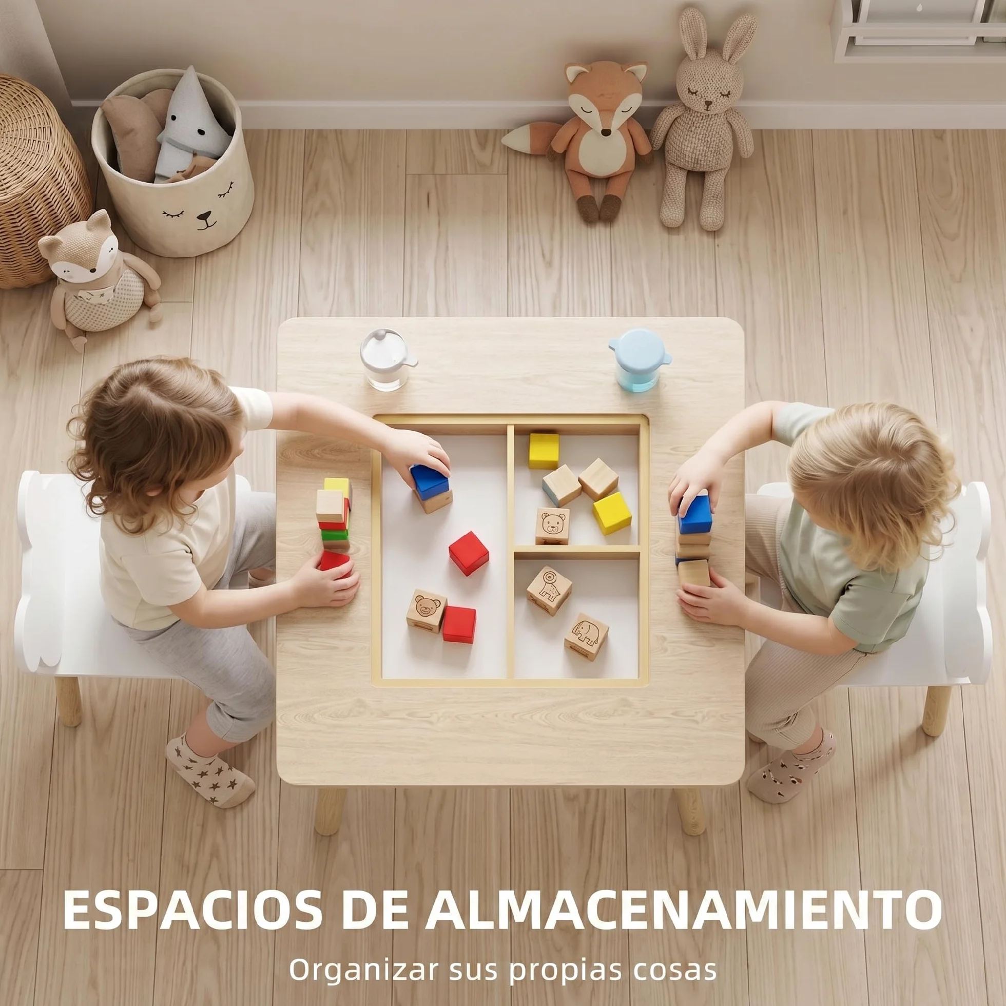 AIYAPLAY Juego de Mesa y 2 Sillas Infantiles de Madera con Pizarra, Respaldo Osito y Compartimentos, Natural y Blanco