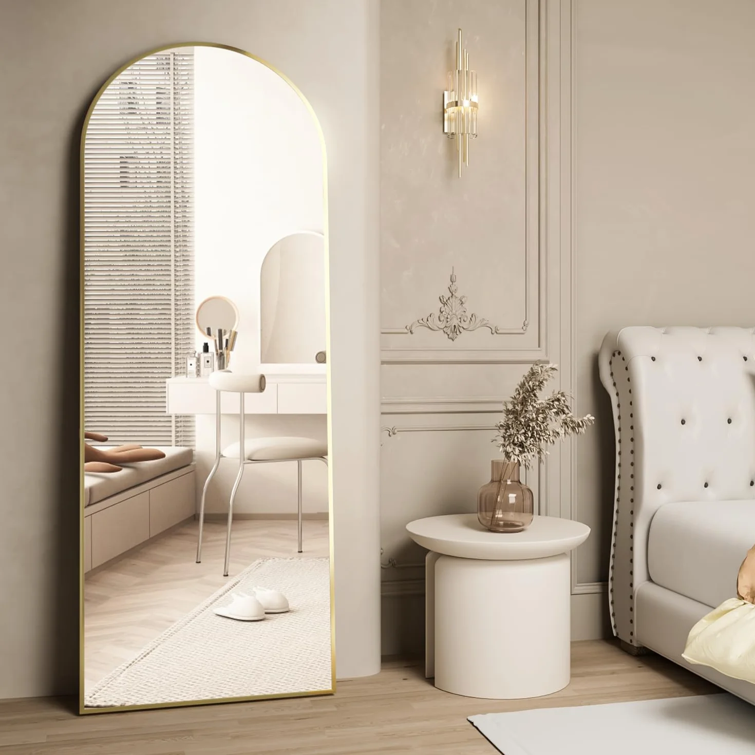 Espejo de Cuerpo Entero Arco 162 x 53 cm Dorado Arqueado, Espejo de pie con Soporte para Dormitorio Sala de Estar
