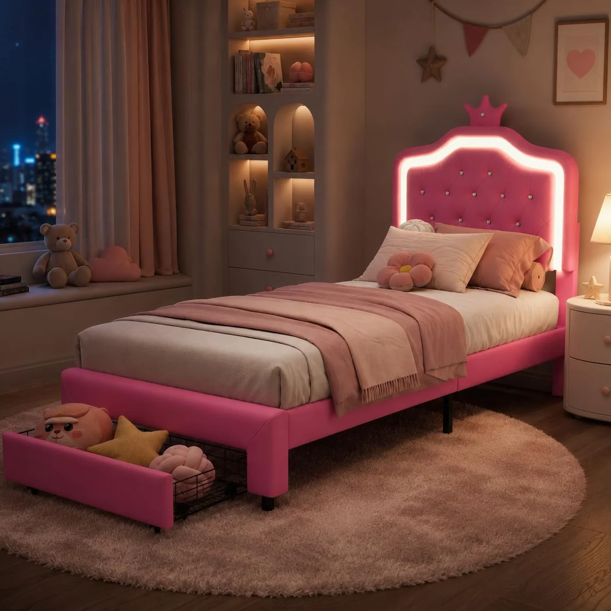 Cama para Niña 90x200 con LED RGB, Regulable en Altura, Cama Individual con contenedor, Cama Infantil, en Forma de Corona, Somier de Láminas de Madera, PU, Sin colchón (Rose-C, 90x200 cm)
