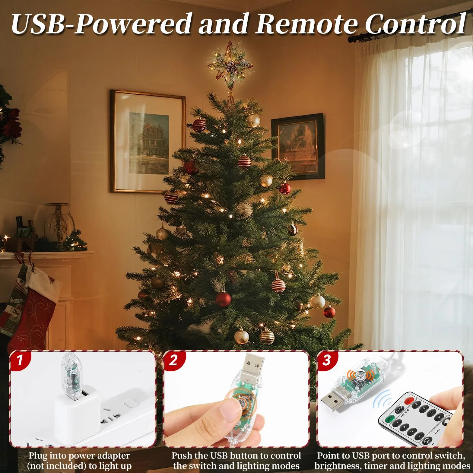 Lewondr Corona De Árbol De Navidad, 13,19" 20 LED Estrella De Navidad Ratán Rústica con Piña Y Hojas, Temporizador 6H, 8 Modos De Luz, USB Y Control Remoto Estrella Corona Árbol, Marrón