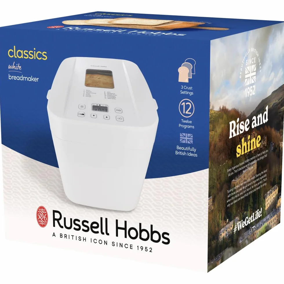 Russell Hobbs Panificadora de Pan, 12 programas, 3 niveles de corteza, compacto (temporizador, 2 tamaños pan de 750 g y 1.000 g, pan básico, integral, baguette y repostería), 27260-56