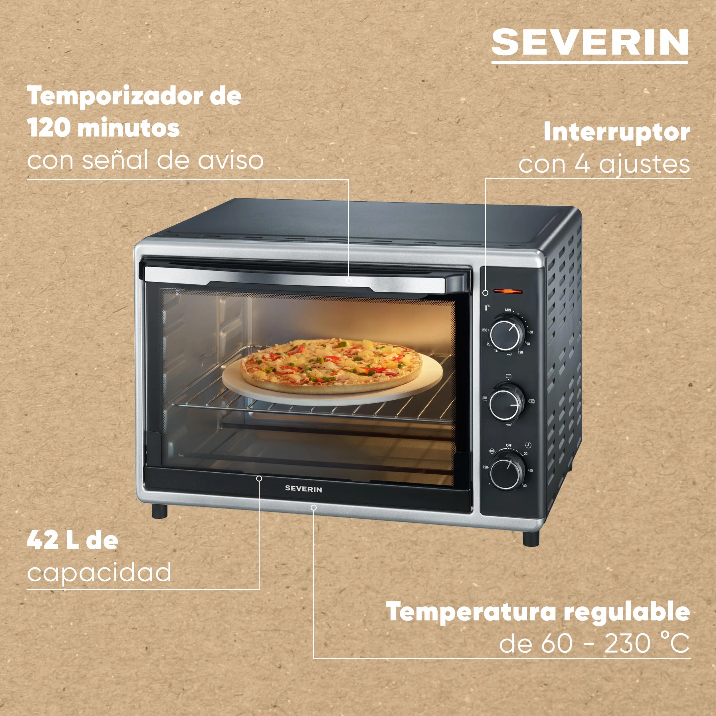 SEVERIN Horno tostador con función de convección, mini horno tostador con grill y bandeja, horno pequeño con piedra para pizza y asador giratorio, 1800 W, 42 L, negro, TO 2058