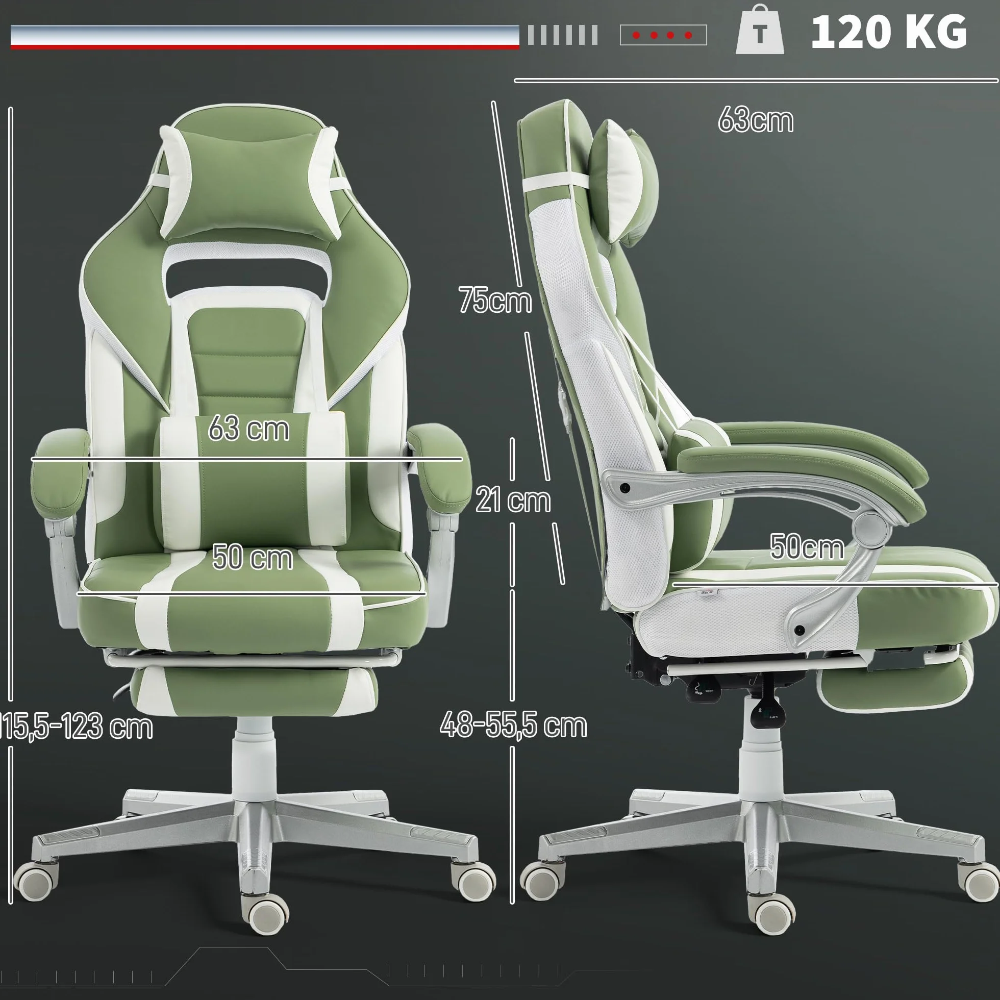 HOMCOM Silla Gaming Reclinable Altura Ajustable Reposapiés Retráctil Soporte Lumbar Reposacabezas Desmontable Verde