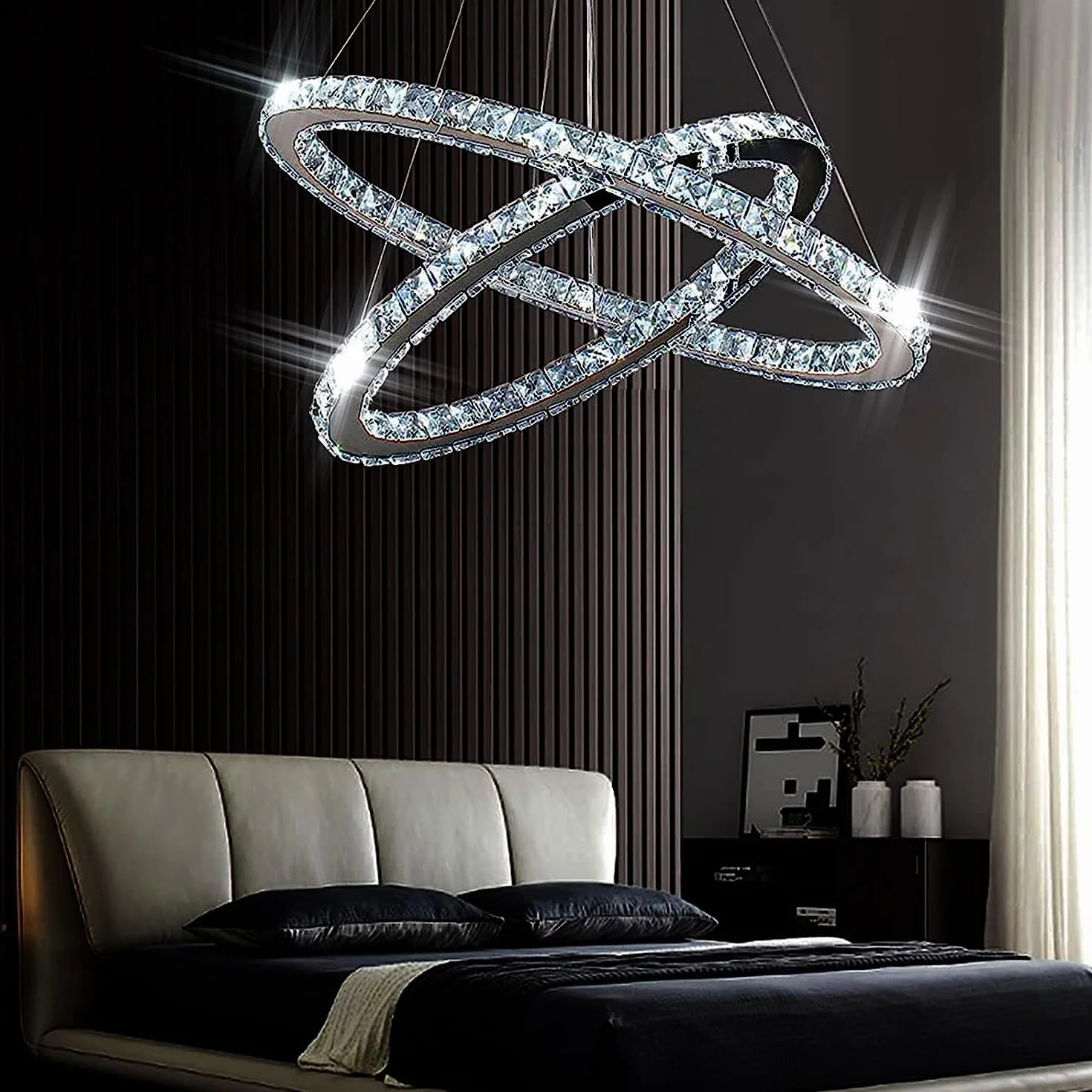 Finktonglan Candeliers de cristal Luz de colgante ovalado Moderno 2 anillos LED Forma ajustable, lámparas de iluminación colgante de 60 cm para dormitorio de comedor (6500k blanco)