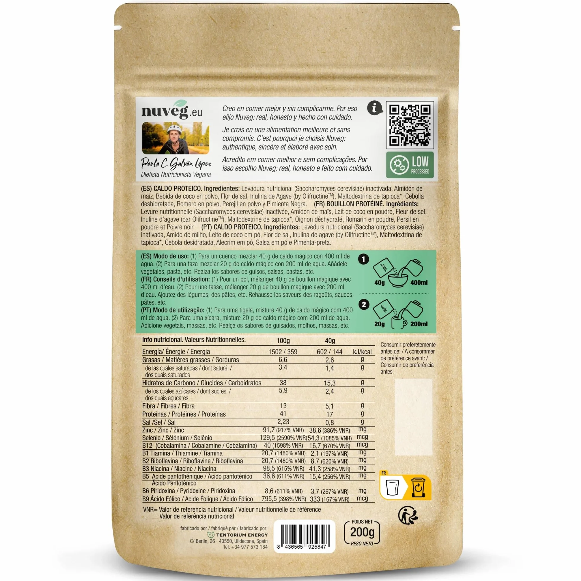 NUVEG Caldo Proteico en Polvo 41% Proteína 13% Fibra Sin Gluten Sin Lactosa Vegano Pack 2 400g