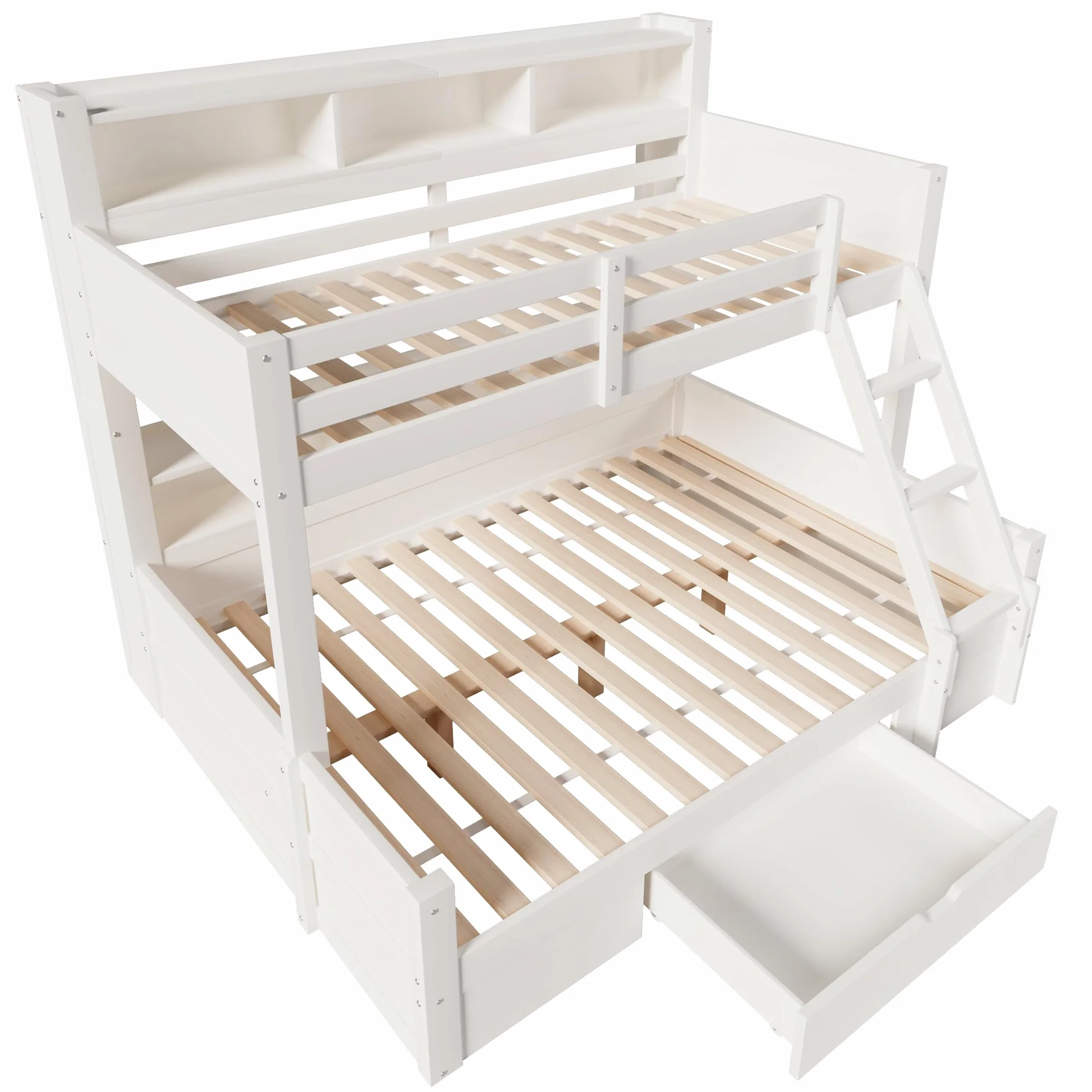 Litera de 90(140) x200 cm con Luz LED y Compartimentos Abiertos, Cama Litera Matrimonio con Cajón y Escalera, Cama Infantil Literas Infantiles con Barandilla Anticaída, Sin Colchón, Blanco