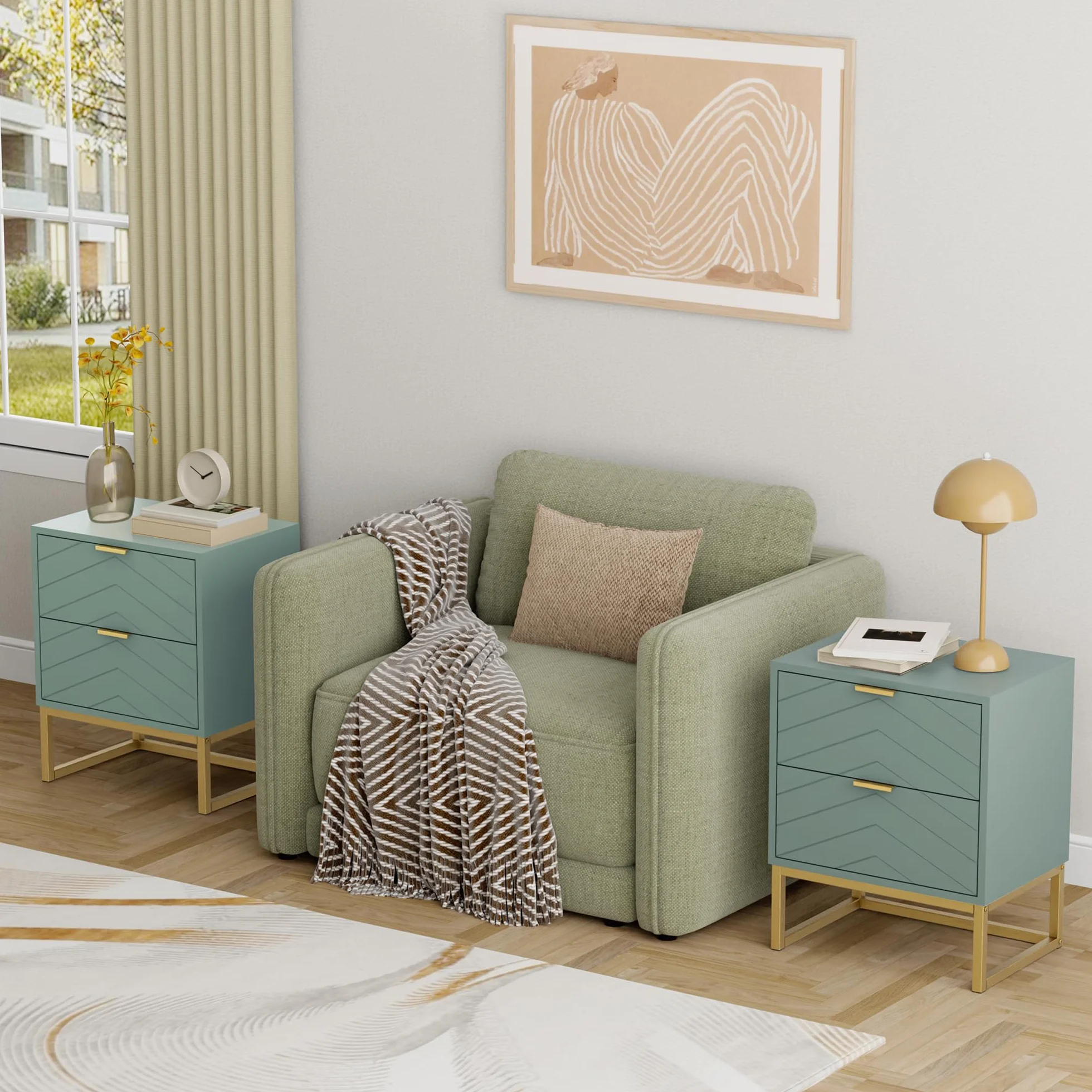 UEV Juego de 2 Mesillas de Noche con Diseño en V, Muebles de Dormitorio con Asas y Patas de Metal, Mesilla de Noche Moderna y Estable, 46 x 33,5 x 56,5 cm, Verde