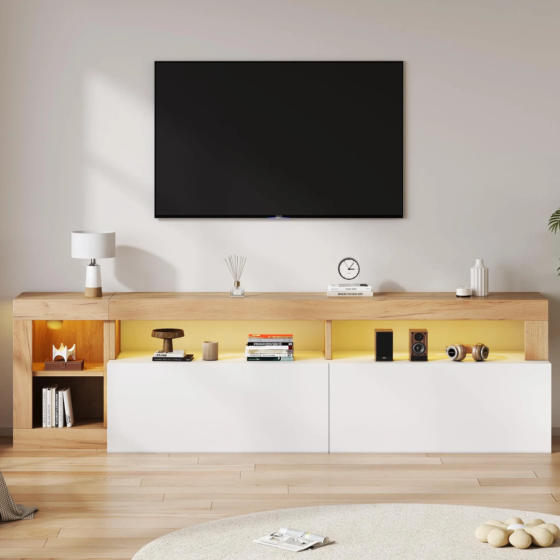 Mueble de TV moderno para televisores de hasta 80 pulgadas, espacio de almacenamiento abierto con luz indicadora LED, adecuado para armario de dormitorio y sala de estar, marco de madera