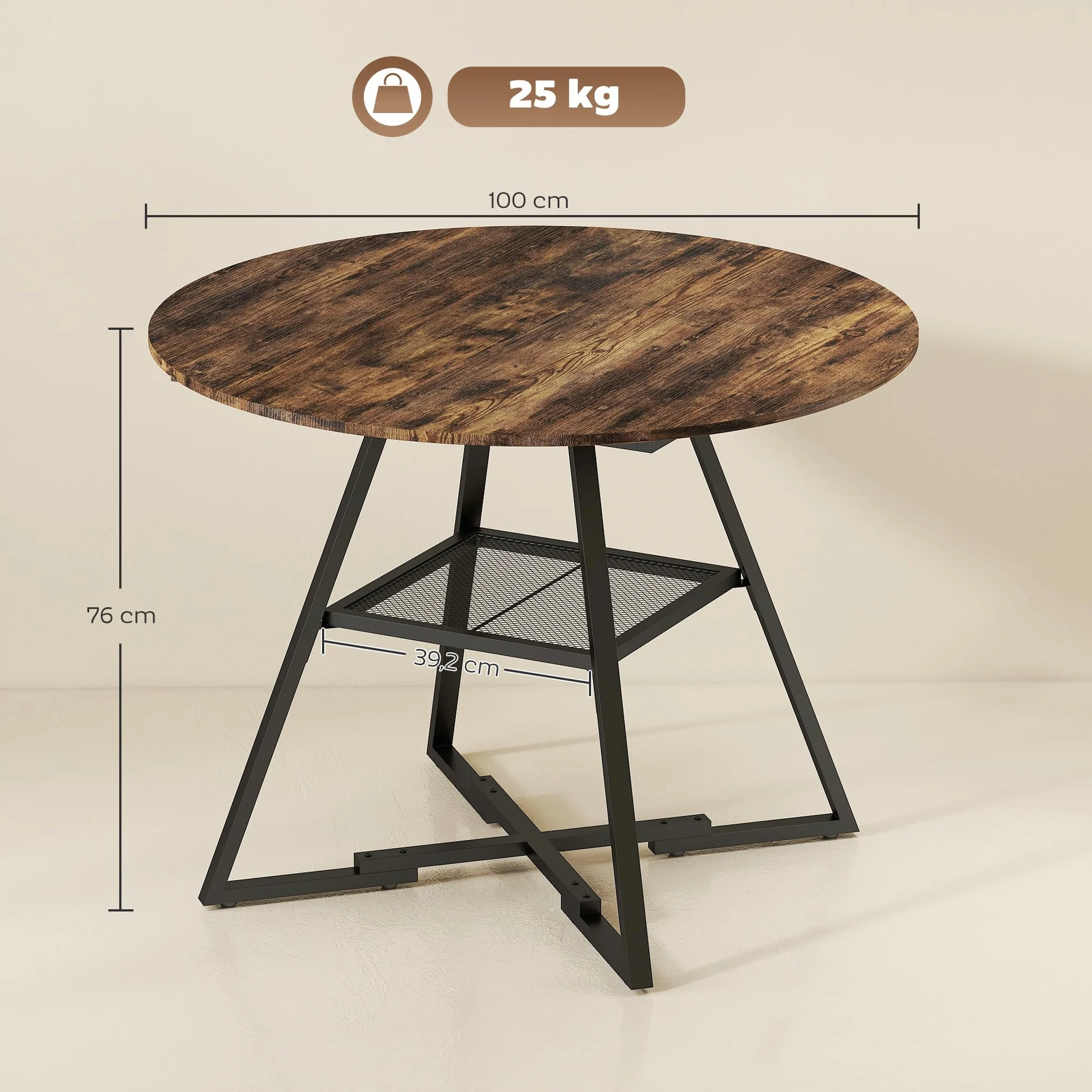 HOMCOM Mesa de Comedor Redonda, Mesa de Cocina para 4 Personas con Estante, Marco Metálico, para Sala de Estar, Ø100x76 cm, Marrón Rústico