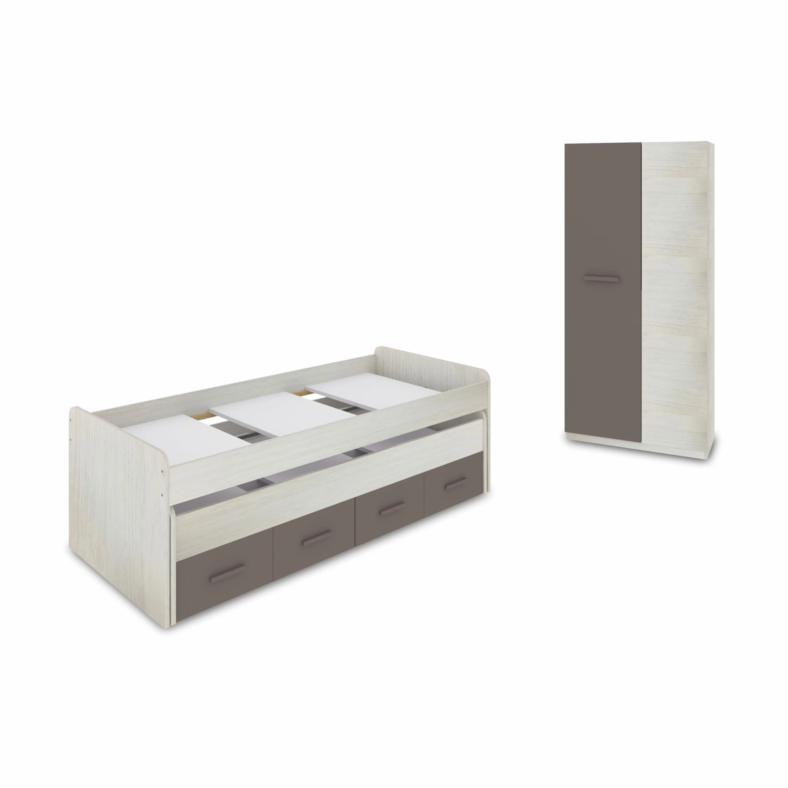 duehome | Pack de Dormitorio Juvenial con Cama Nido Juvenil y Armario, Conjunto de Dormitorio Infantil, Modelo Axim Plus, Acabado en Blanco Alpes y Basalto