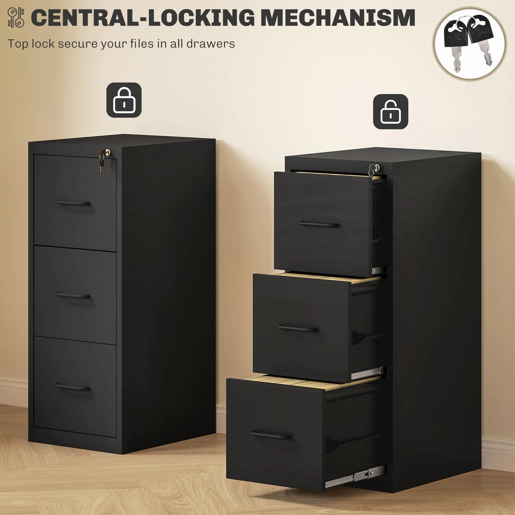 HOMCOM Archivador de 3 Cajones con Barra Ajustable de Acero para Oficina, Ideal para el Hogar y el Estudio, 36,5x46,2x99 cm, Negro