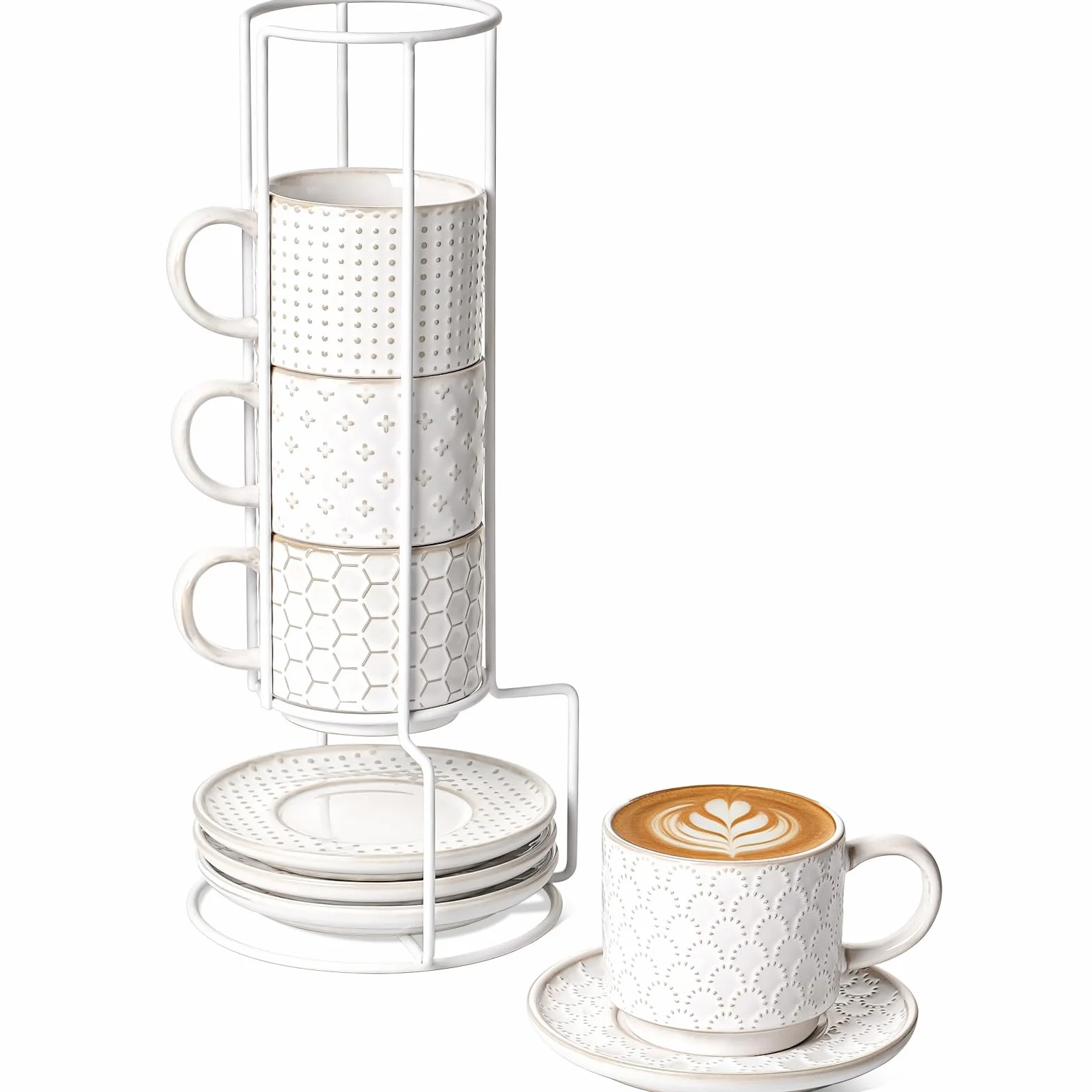 LE TAUCI Tazas de café apilables con platillos y soporte, tazas de café de cerámica para Au Lait, capuchino, latte, café, moca, té, adecuadas para bodas de inauguración de la casa, 8 onzas, juego de