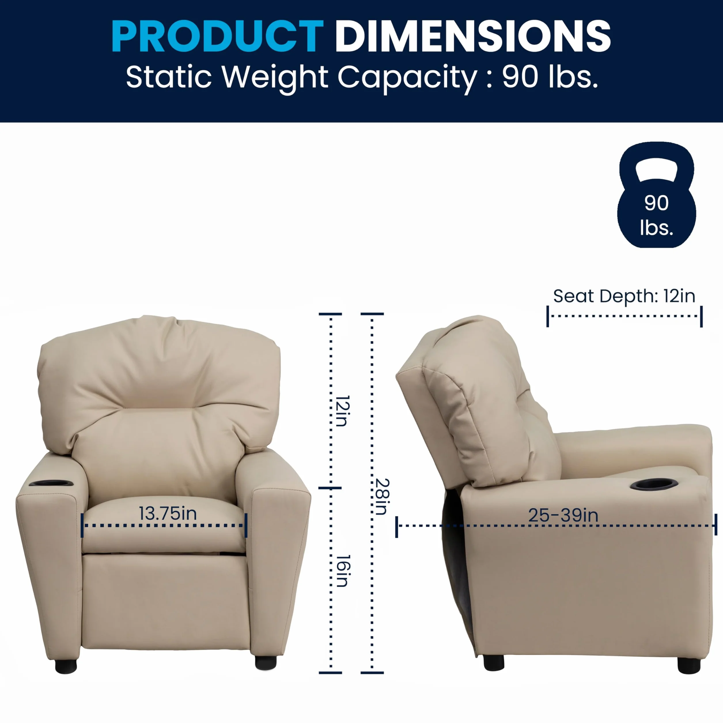Flash Furniture Sillón reclinable Chandler de Vinilo para niños con portavasos, admite hasta 90 lbs, Beige