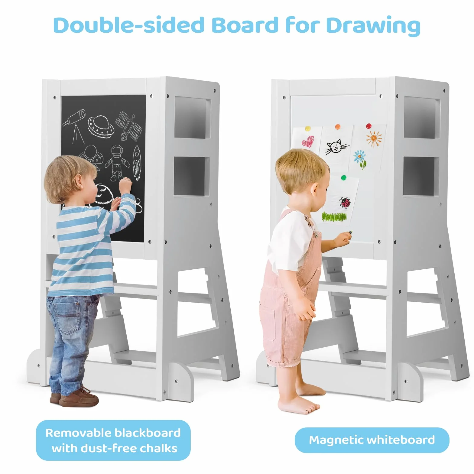 Torre para niños pequeños con planos ajustables de 3 alturas, tablero blanco magnético y negro extraíble
