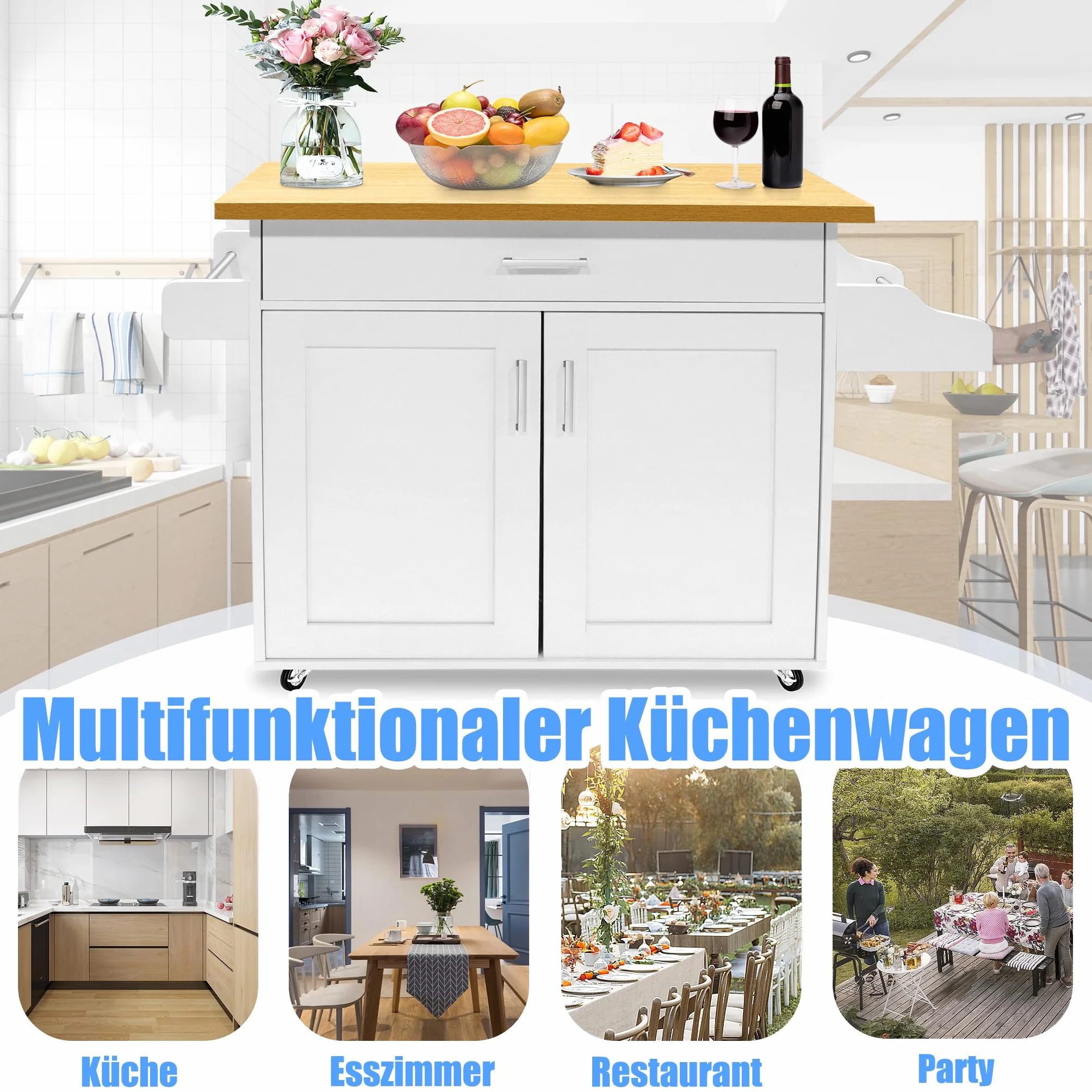 UISEBRT Carro de cocina con encimera, isla de cocina de madera, armario de cocina con ruedas, carrito de servicio con cajón y estante, carrito de cocina en estilo rústico, color blanco