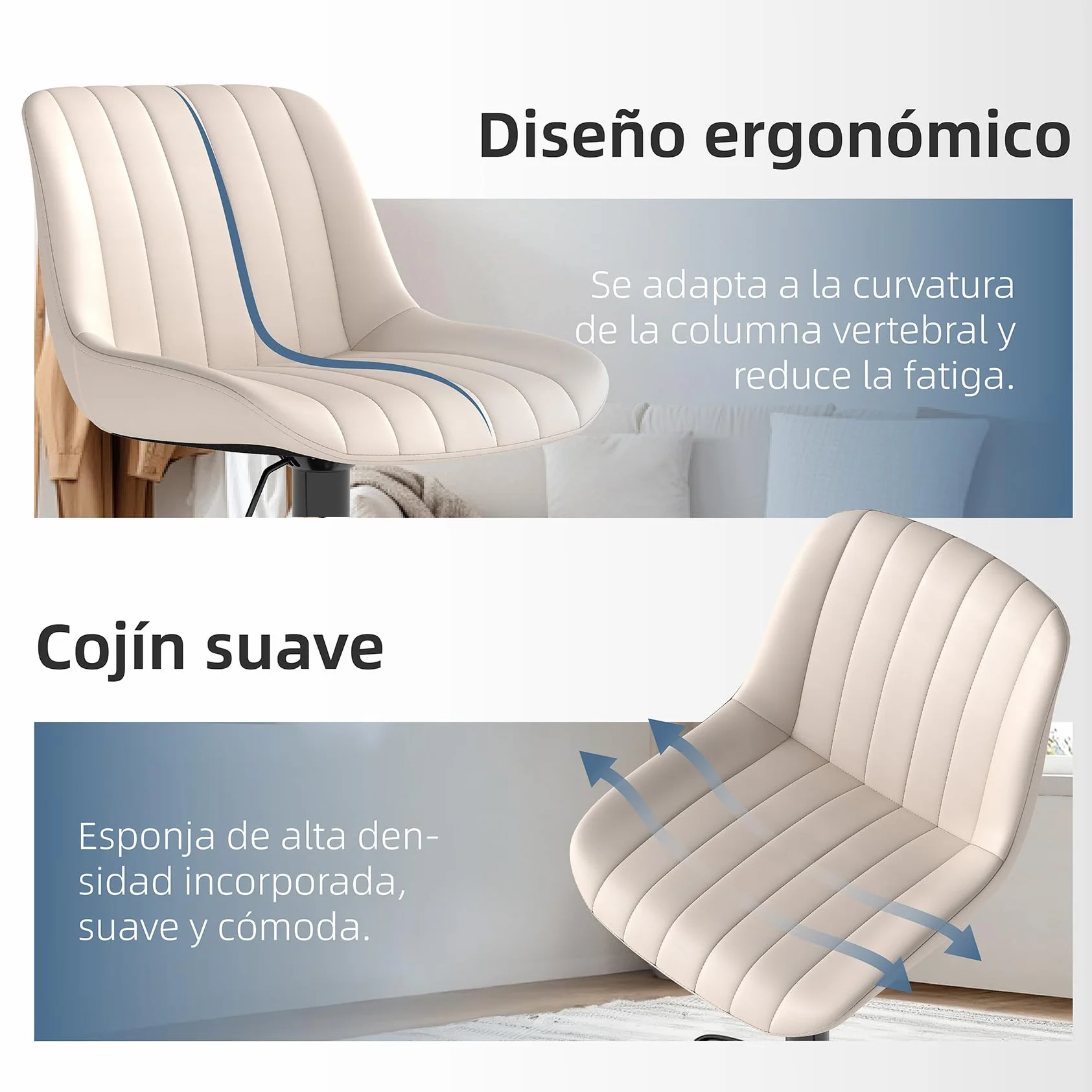 Youhauchair Taburetes Altos de Cocina Juego de 3, Taburete de Bar Giratorios Ajustable, Cuero PU, Beige