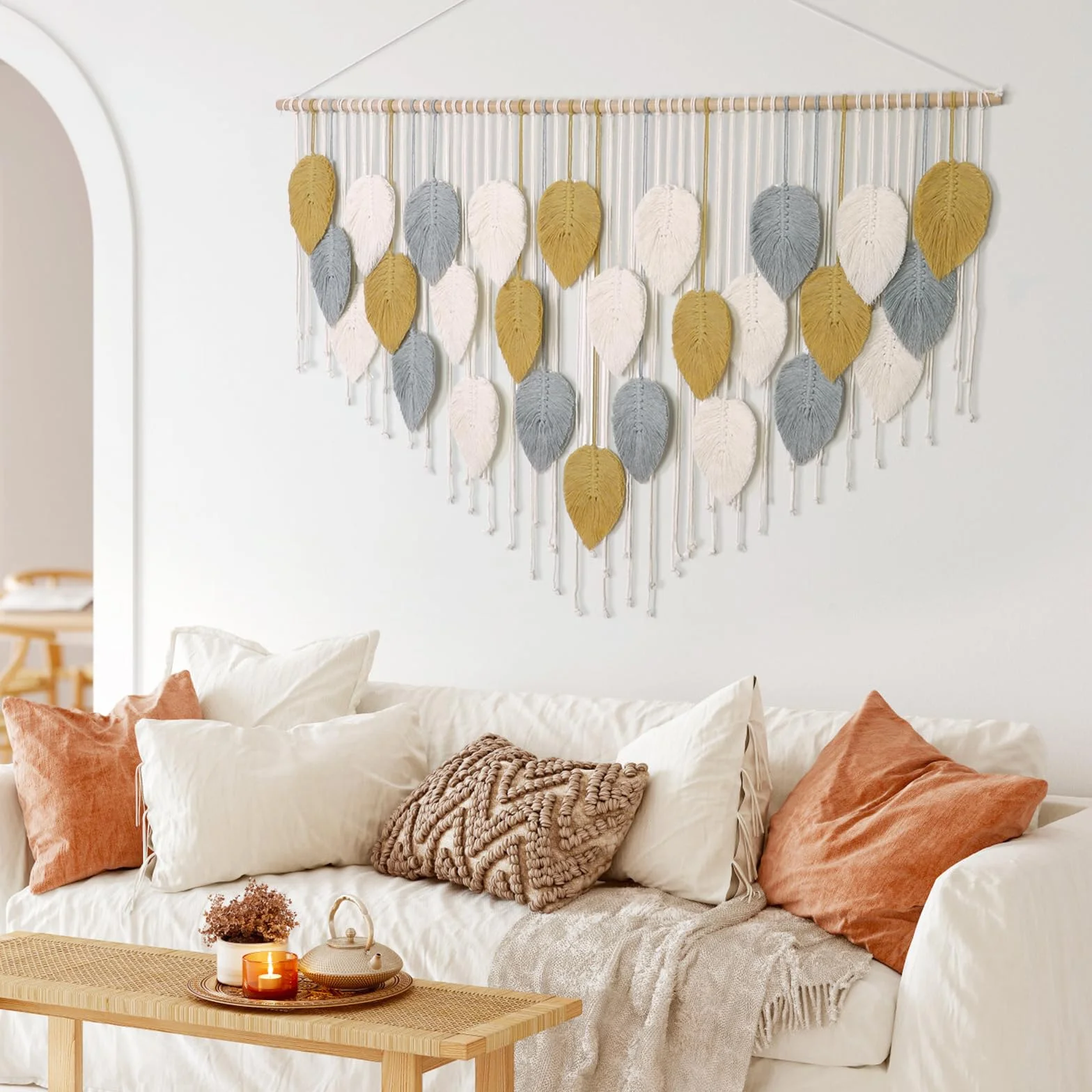 Macramé Tapiz Grande Tejido Boho Hoja Decoración de Pared 130 cm Amarillo
