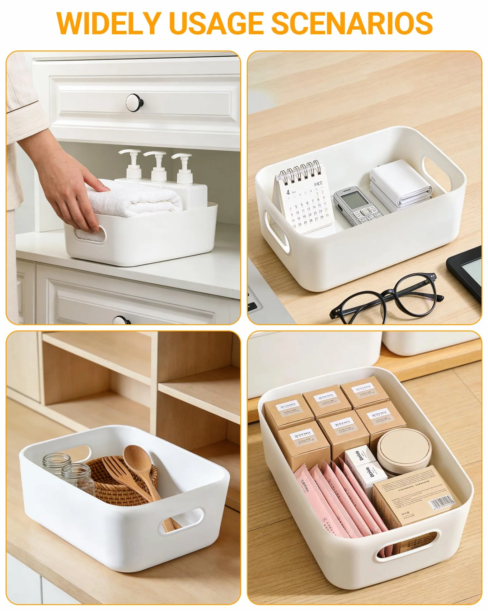 Cajas de almacenaje blancas 4 unidades – Cajas organizadoras & organizer box, cajas pequeñas de plástico, cajas apilables para cocina, armario y baño (20 × 14 × 7 cm), almacenaje y organización