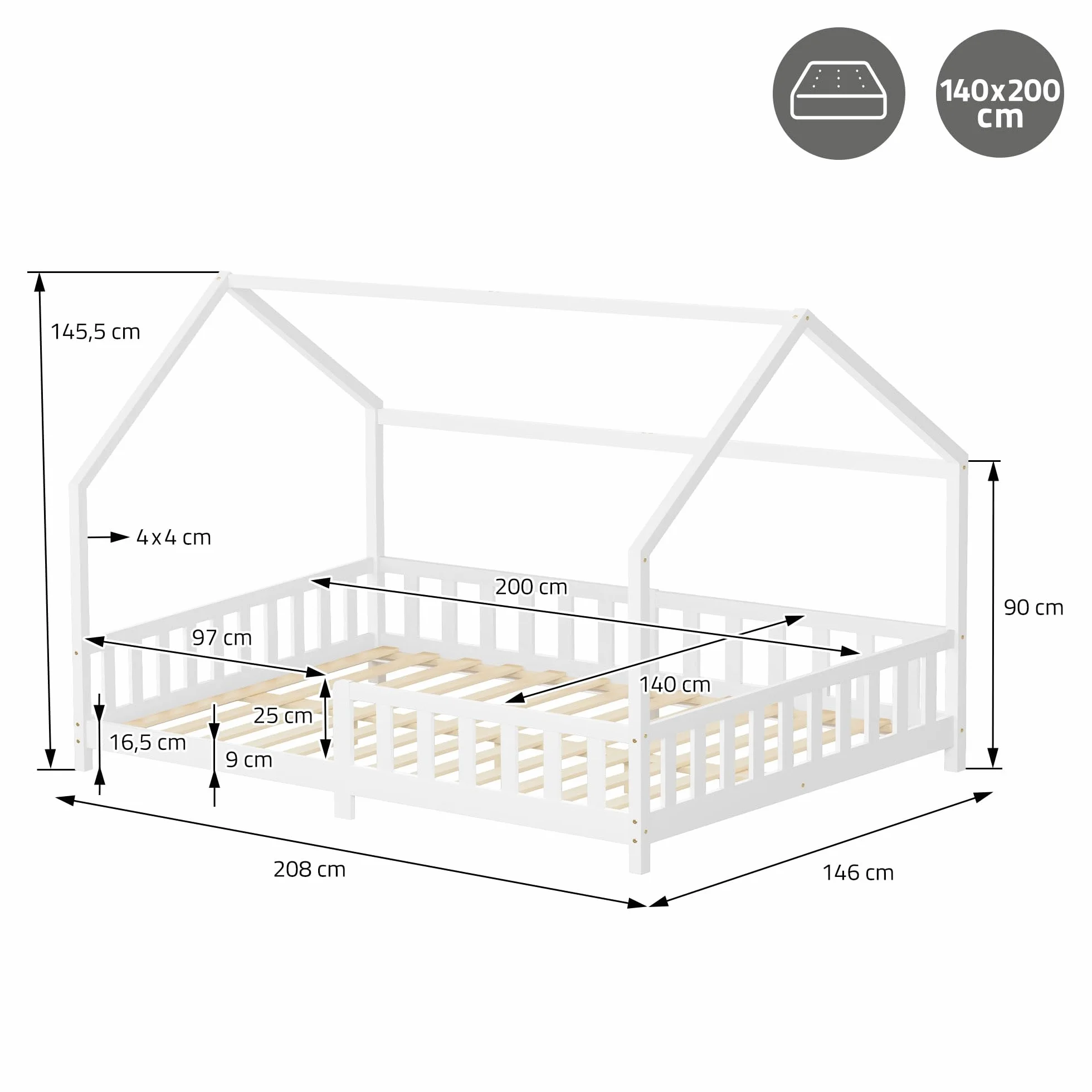 ML-Design Cama Infantil 140x200cm Blanco, con Protección Anticaída, Techo y Somier, Estructura Listones de Madera de Maciza de Pino Lecho Doble Montessori Forma de Casa Mobiliario Juvenil, para Niños